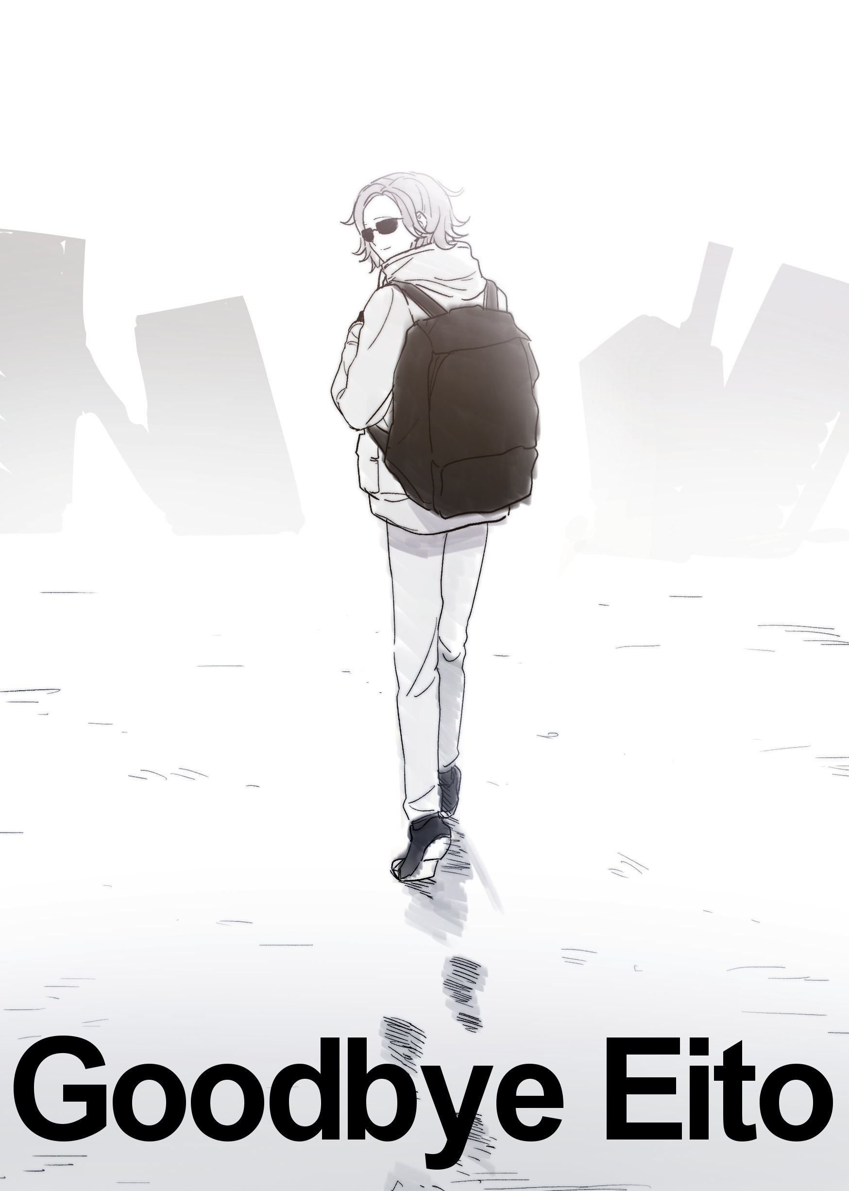 the hundred line -last defense academy-, absurdres, highres, 1boy, backpack, bag, black bag, black shoes, bog i66820, footprints, goodbye eito (hundred line), grey hair, jacket, looking back, shoes, sunglasses