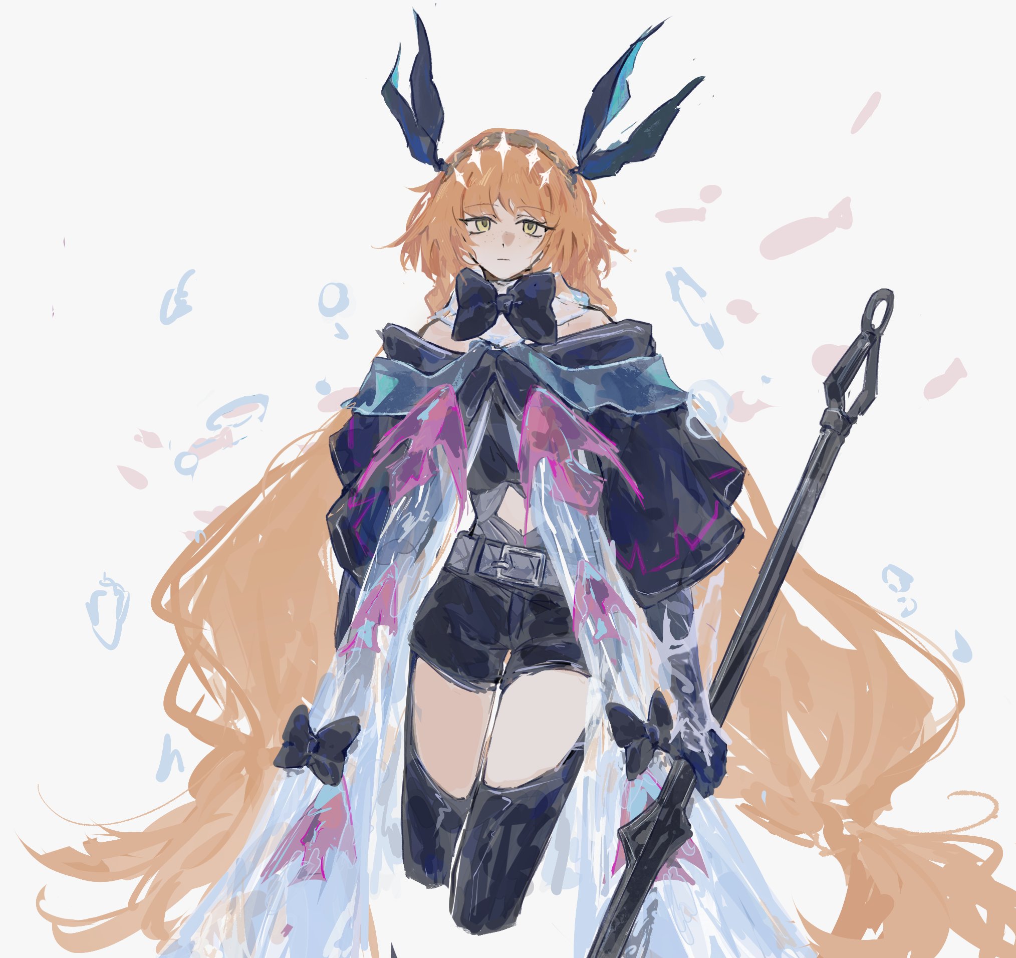 munh422, ishmael (project moon), arknights, limbus company, project moon, highres, 1girl, anchor, black bow, black bowtie, black capelet, black gloves, black pants, bow, bowtie, brown hairband, capelet, closed mouth, clothing cutout, freckles, gloves, hairband, holding, holding anchor, long hair, looking at viewer, low-tied long hair, multiple hair ribbons, navel cutout, off-shoulder capelet, orange hair, pants, simple background, solo, standing, thigh cutout, tidal elegy (e.g.o), upper body, white background, yellow eyes
