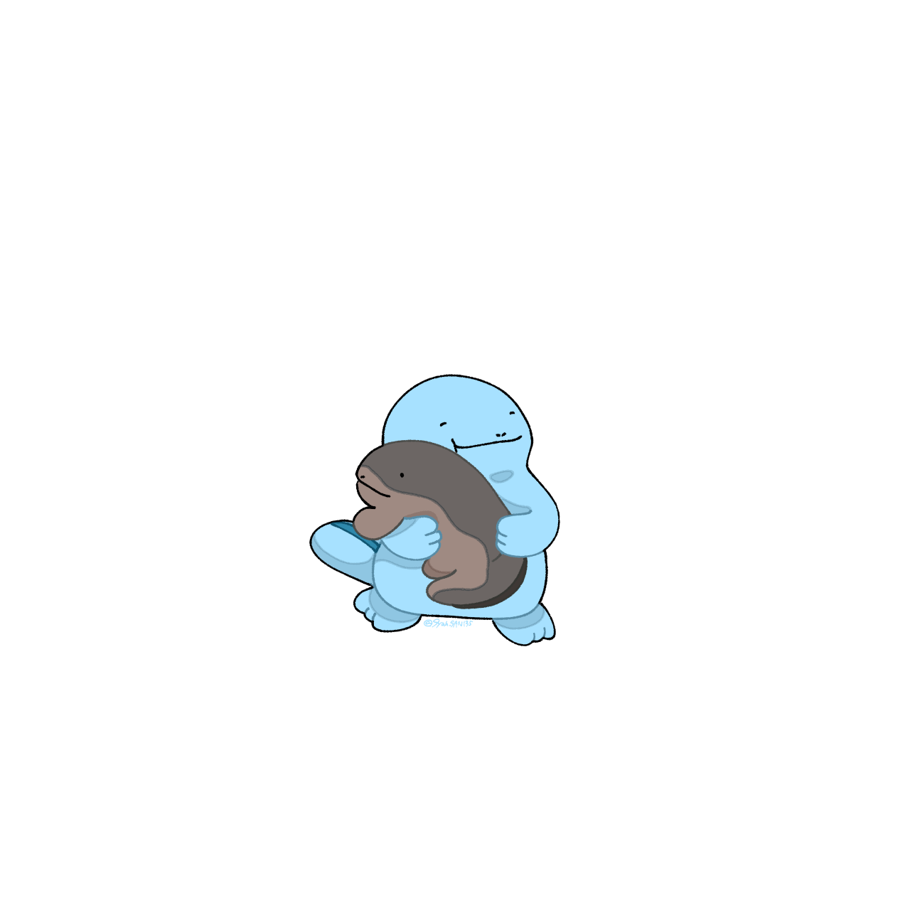 syan san135, clodsire, quagsire, nintendo, pokemon, highres, character doll, closed eyes, closed mouth, doll, gen 2 pokemon, holding, holding stuffed toy, no humans, nostrils, pokemon (creature), pokemon focus, simple background, smile, solo, stuffed toy, white background