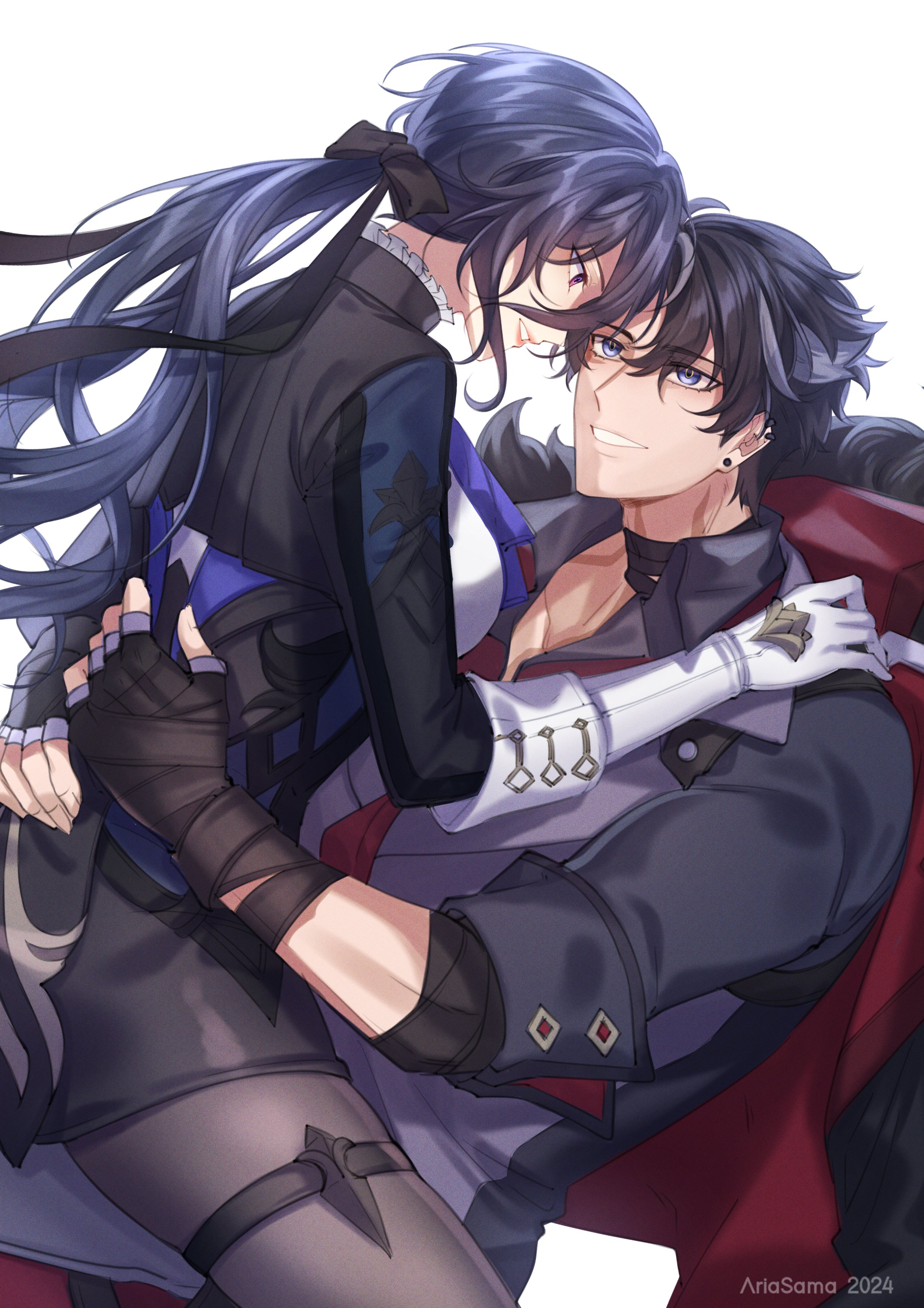 aria sama, clorinde (genshin impact), wriothesley (genshin impact), genshin impact, absurdres, commentary, english commentary, highres, 1boy, 1girl, ascot, bandaged arm, bandaged neck, bandages, black bandages, black bow, black corset, black hair, black pantyhose, blue eyes, blue hair, bow, breasts, corset, couple, earrings, epaulettes, fingerless gloves, fold-over gloves, girl on top, gloves, grey pants, grey vest, grin, hair between eyes, hetero, jewelry, large breasts, long hair, long hair between eyes, looking at another, low-tied long hair, multicolored hair, necktie, pants, pantyhose, pencil skirt, purple ascot, purple eyes, red necktie, scar, scar on neck, shirt, simple background, skirt, smile, streaked hair, stud earrings, taut clothes, taut shirt, thigh strap, vest, white background