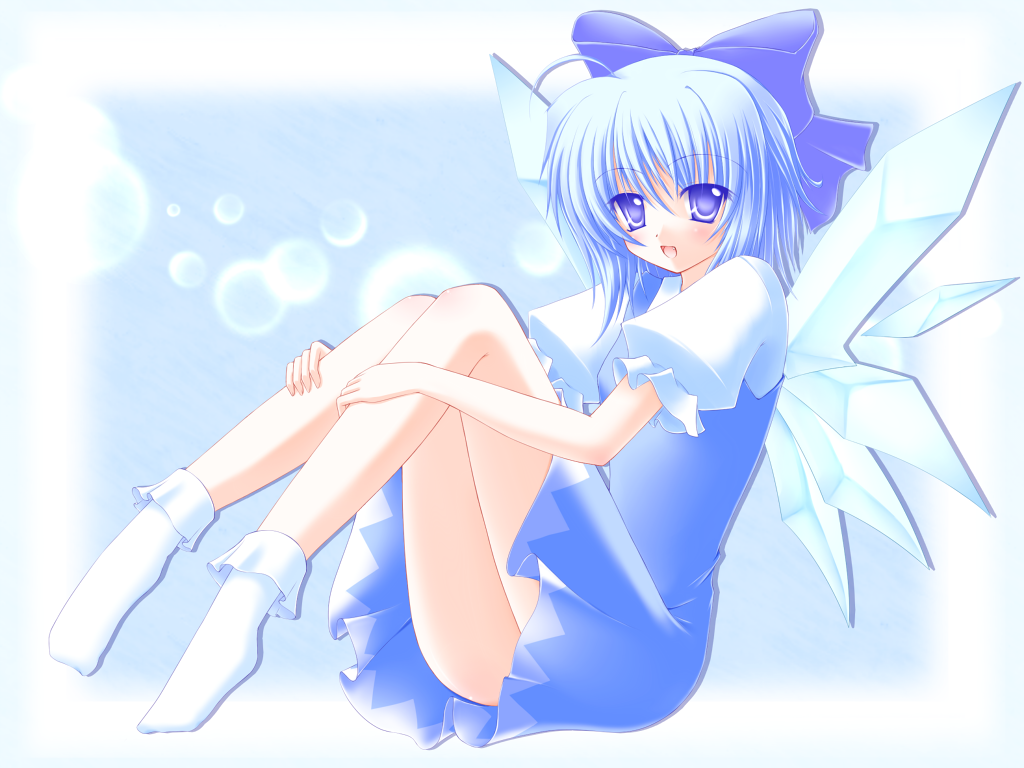 shirotsuki kouta, cirno, embodiment of scarlet devil, touhou, 1girl, :d, ahoge, blue eyes, blue hair, female focus, hair ribbon, matching hair/eyes, open mouth, ribbon, short hair, smile, socks, solo, wings