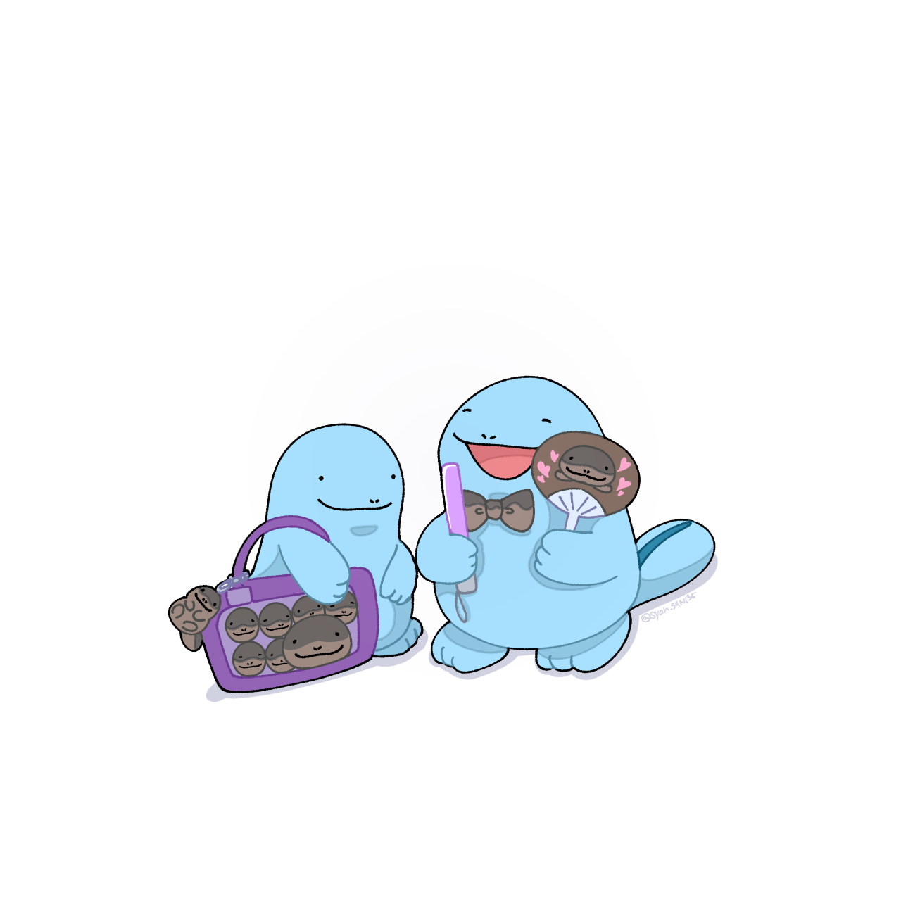 syan san135, clodsire, quagsire, nintendo, pokemon, commentary request, highres, . ., bag, bow, bowtie, brown bow, brown bowtie, closed eyes, closed mouth, gen 2 pokemon, glowstick, hand fan, handbag, holding, holding fan, holding glowstick, no humans, nostrils, open mouth, pokemon (creature), pokemon focus, purple bag, simple background, smile, white background