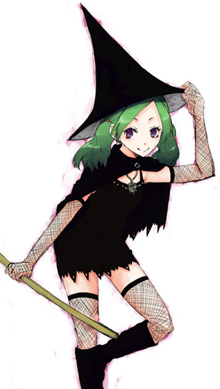 shikai (iesiki 56), 1girl, black boots, black hat, boots, female focus, green hair, hat, purple eyes, shikai, solo, witch, witch hat