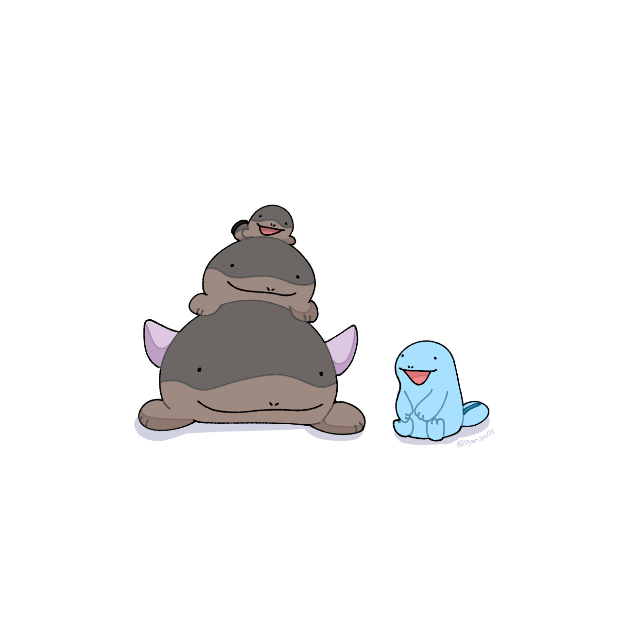 syan san135, clodsire, quagsire, nintendo, pokemon, commentary request, highres, . ., closed mouth, gen 2 pokemon, no humans, nostrils, open mouth, pokemon (creature), pokemon focus, simple background, sitting, smile, stack, white background