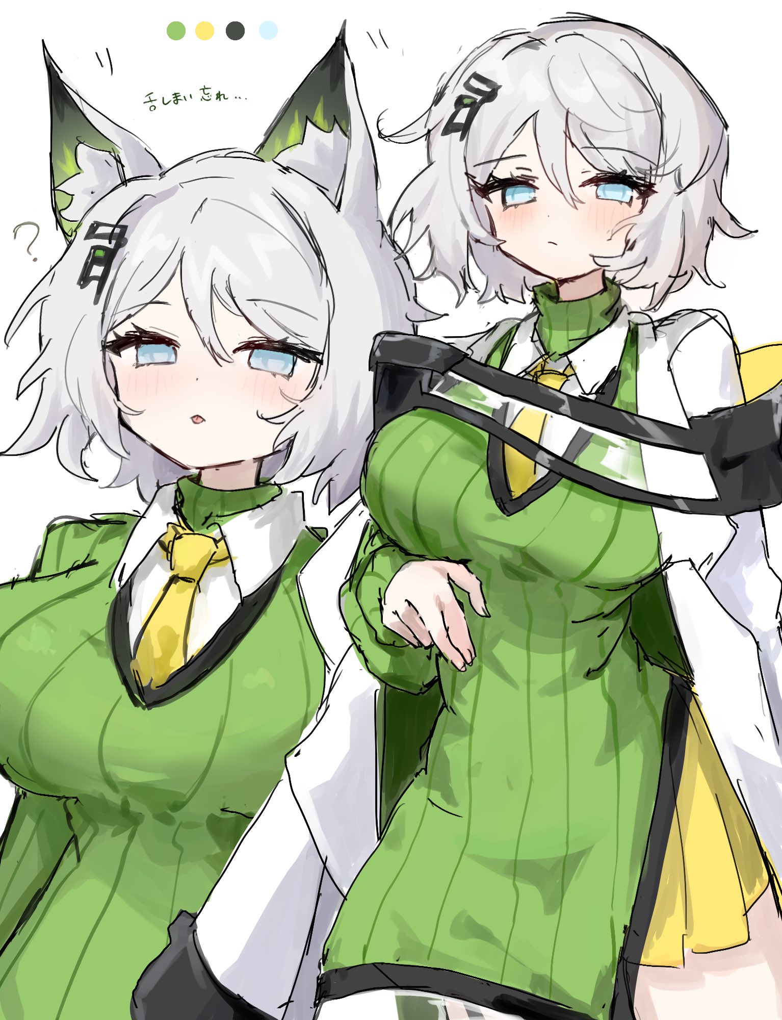 ro/ku, faust (project moon), arknights, limbus company, project moon, highres, 1girl, :p, animal ears, blue eyes, breasts, cat ears, cat girl, coat, coat on shoulders, collared shirt, command:meltdown (e.g.o), dress, dress over shirt, green dress, large breasts, looking at viewer, multiple views, necktie, shirt, simple background, solo, standing, sweater, sweater dress, tongue, tongue out, upper body, white background, white coat, white hair, white shirt, yellow necktie
