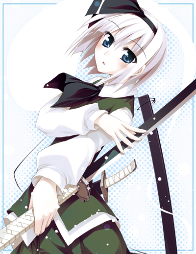 sazanami mio, konpaku youmu, konpaku youmu (ghost), touhou, 1girl, female focus, hitodama, katana, sheath, solo, sword, weapon