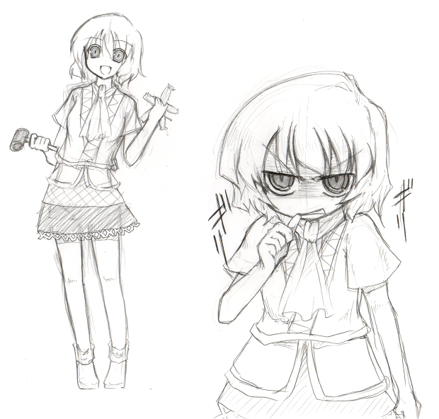 morino harifu, mizuhashi parsee, touhou, 1girl, angry, biting, biting own thumb, female focus, greyscale, monochrome, straw doll, voodoo, voodoo doll, yandere