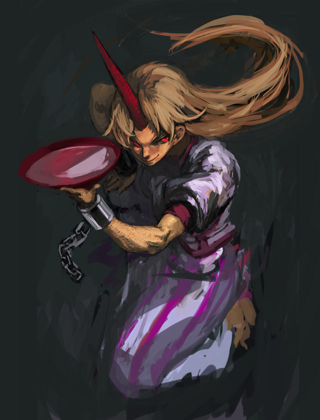 binayu, hoshiguma yuugi, touhou, 1girl, blonde hair, chain, cuffs, cup, female focus, horns, long hair, muscular, red eyes, sakazuki, shackles, single horn, solo