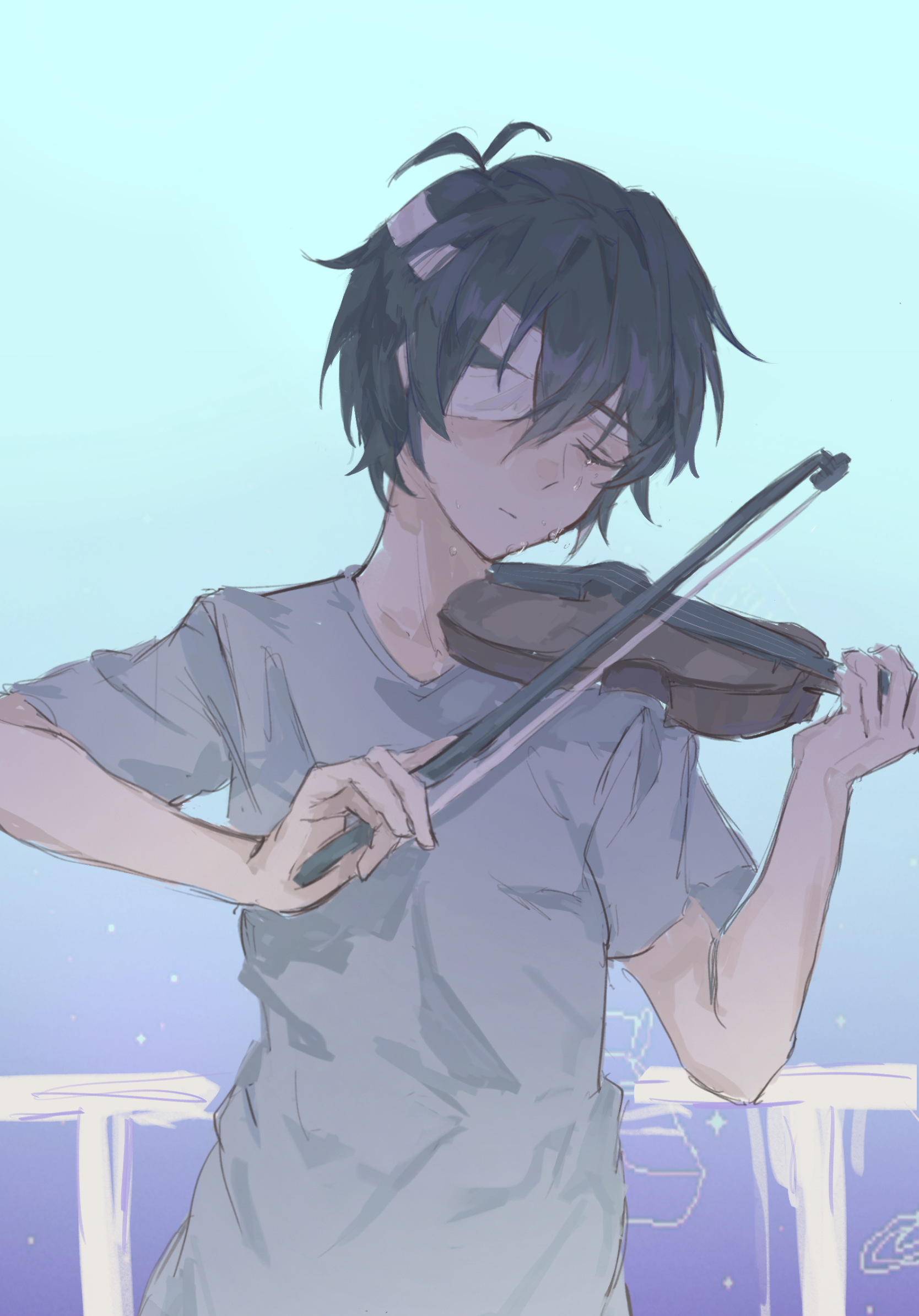 sunny (omori), omori, highres, spoilers, 1boy, antenna hair, bandaged head, bandages, black hair, bow (music), closed eyes, closed mouth, double-parted bangs, eyepatch, holding, holding bow (music), holding instrument, holding violin, hospital gown, instrument, judicious32456, male focus, medical eyepatch, music, playing instrument, short hair, short sleeves, solo, violin