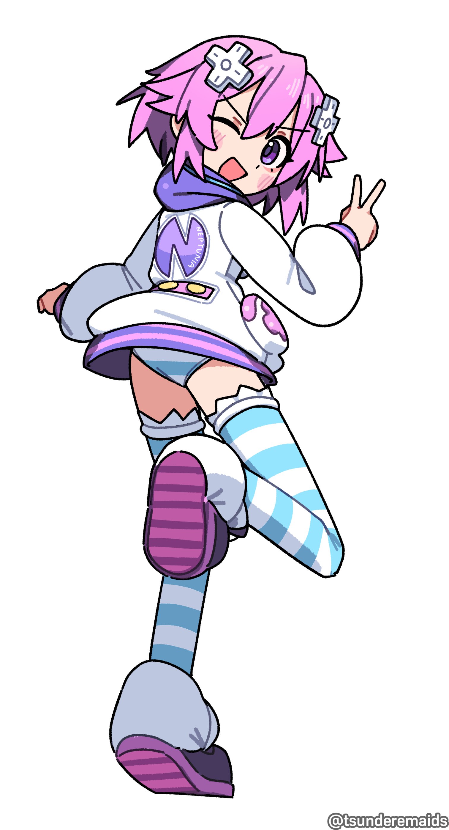 tsunderemaids, neptune (neptunia), neptune (series), absurdres, commentary, english commentary, highres, 1girl, d-pad, d-pad hair ornament, hair ornament, hood, hoodie, one eye closed, open mouth, panties, purple eyes, purple hair, short hair, sidelocks, socks, solo, striped clothes, striped panties, striped socks, striped thighhighs, thighhighs, underwear, white background