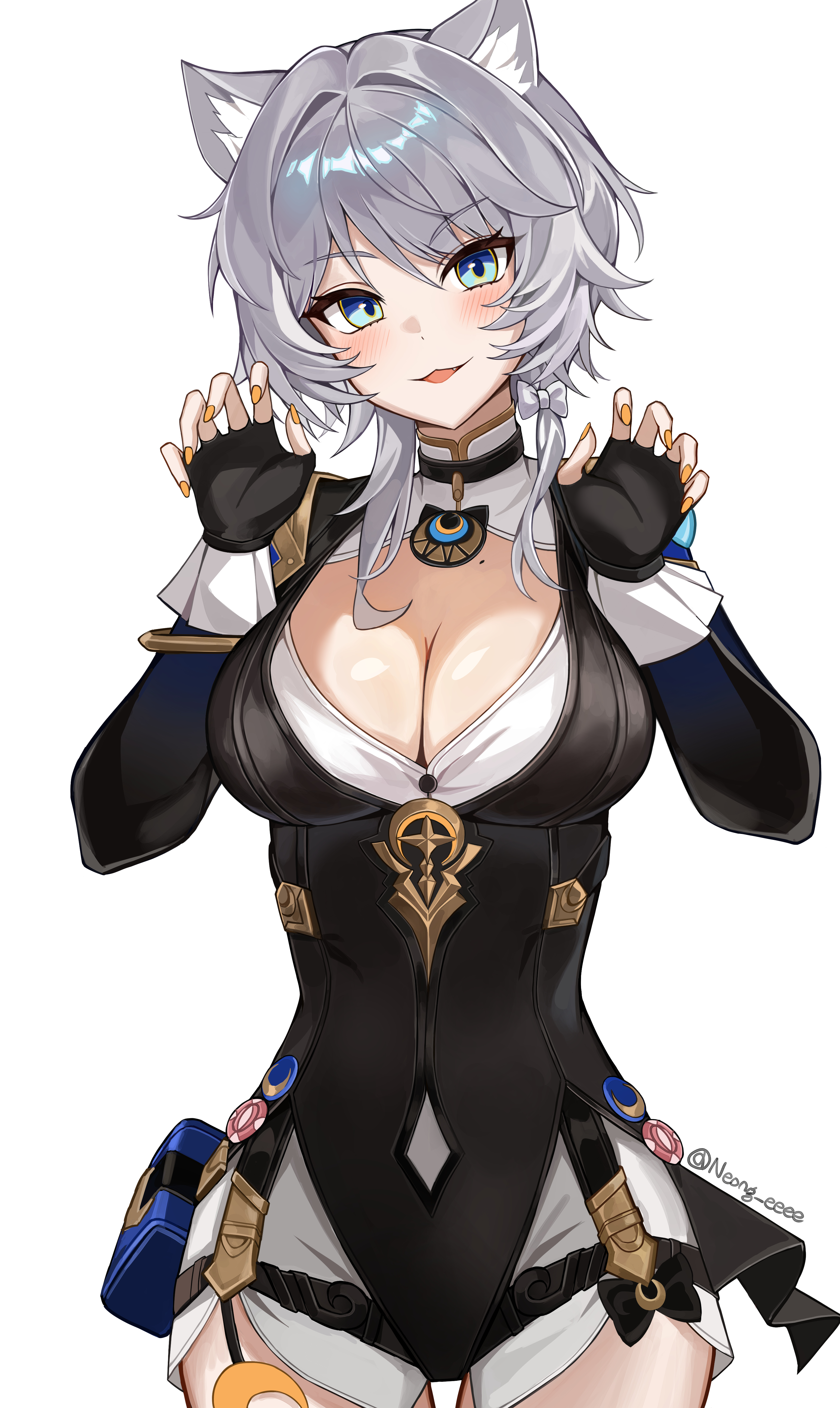 neong (neong eeee), cipher (honkai: star rail), honkai: star rail, honkai (series), absurdres, highres, 1girl, :3, black choker, black gloves, blue eyes, cat girl, choker, fingerless gloves, gloves, grey hair, mole, mole on chest, nail polish, solo, yellow nails
