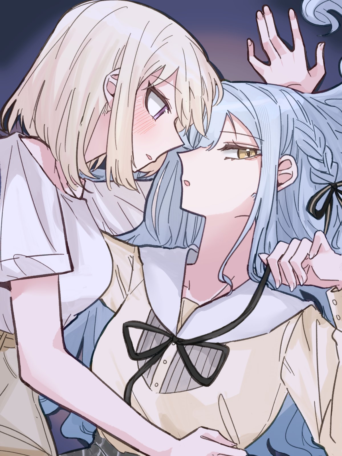 at 09098, misumi uika, togawa sakiko, bang dream!, bang dream! it's mygo!!!!!, commentary request, highres, korean commentary, 2girls, black ribbon, blonde hair, blue hair, blush, braid, hair ribbon, long hair, medium hair, multiple girls, neck ribbon, open mouth, purple eyes, ribbon, shirt, short sleeves, sidelocks, white shirt, yellow eyes, yuri