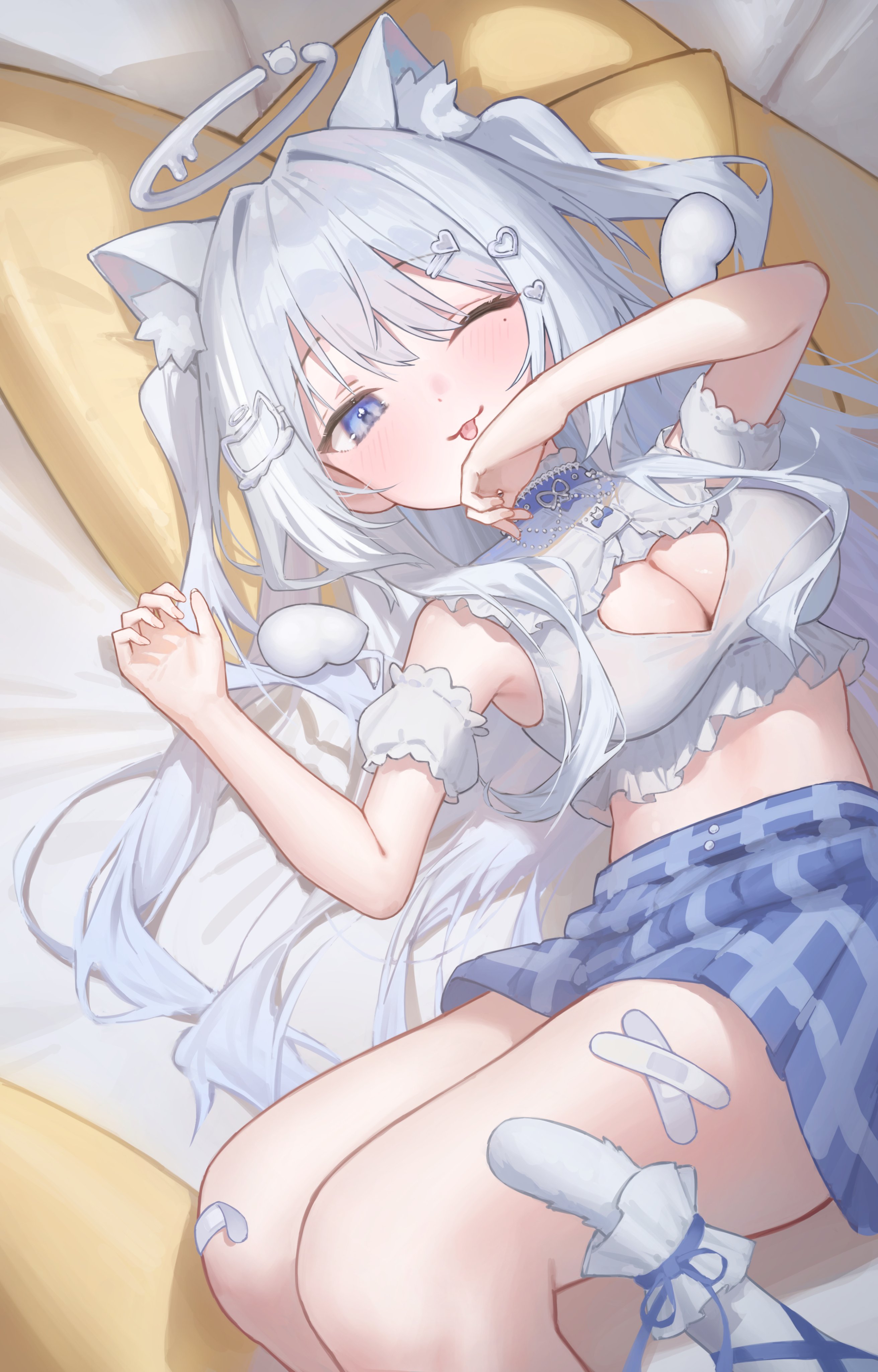indie virtual youtuber, absurdres, artist request, highres, second-party source, 1girl, ;3, animal ears, armpits, bandaid, bandaid on knee, bandaid on leg, bare shoulders, blue choker, blue eyes, blue skirt, breasts, cat ears, cat girl, cat tail, choker, cleavage, cleavage cutout, closed mouth, clothing cutout, crop top, detached sleeves, frilled shirt, frills, hair ornament, hairclip, halo, hand up, heart cutout, large breasts, long hair, looking at viewer, lying, midriff, miniskirt, mole, mole under eye, nekone uyu, no jacket, on back, one eye closed, plaid clothes, plaid skirt, shirt, short sleeves, skirt, sleeveless, sleeveless shirt, smile, solo, tail, thighs, tongue, tongue out, two side up, very long hair, virtual youtuber, white hair, white shirt