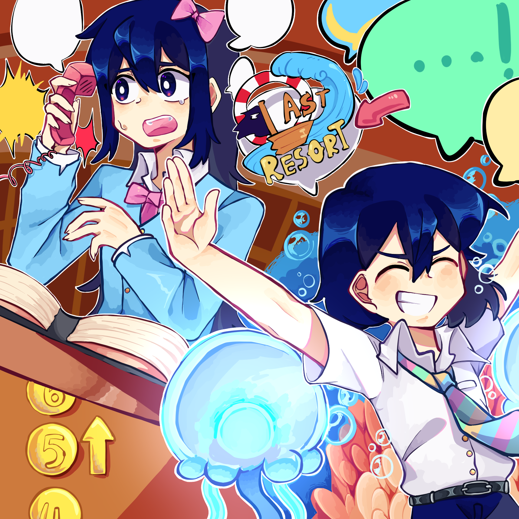 aubrey (headspace) (omori), aubrey (omori), kel (headspace) (omori), kel (omori), omori, highres, !, …, …!, 1boy, 1girl, ^ ^, alternate costume, arms up, arrow (symbol), blank speech bubble, blue cardigan, bow, bowtie, bright pupils, cardigan, closed eyes, collared shirt, double-parted bangs, grin, hair between eyes, hair bow, holding, holding phone, huasuan69416, indoors, long hair, long sleeves, necktie, open mouth, phone, pink bow, pink bowtie, purple eyes, purple hair, shirt, short hair, short sleeves, sitting, smile, speech bubble, spoken ellipsis, spoken exclamation mark, sweat, teeth, tongue, upper teeth only, white pupils, white shirt