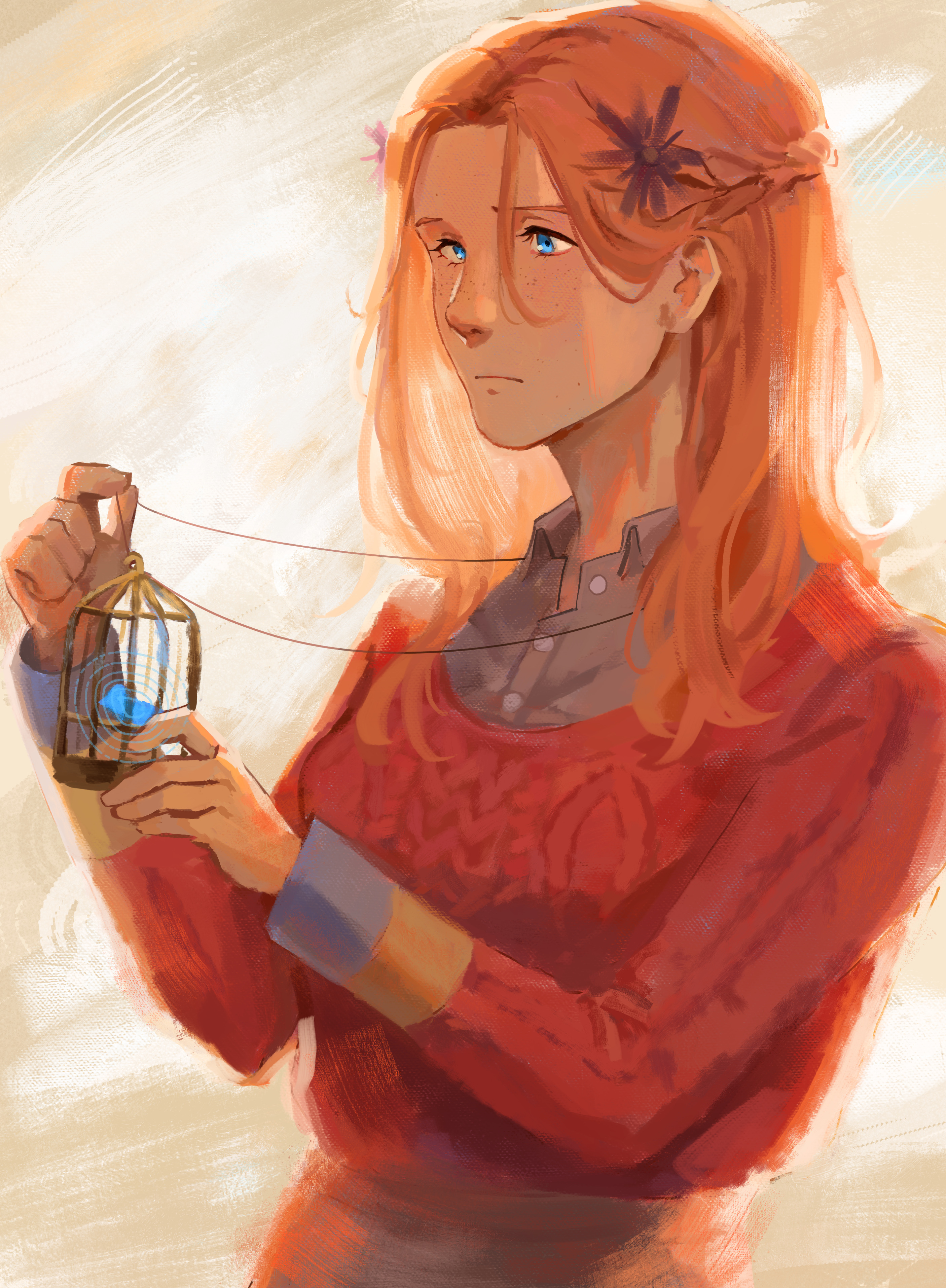 peachducy, diana (kyokugen dasshutsu), kyokugen dasshutsu, zero escape: toki no dilemma, absurdres, commentary, english commentary, highres, 1girl, bird, birdcage, blue eyes, bluebird, buttons, cage, closed mouth, eyelashes, flower, freckles, hair flower, hair ornament, holding, holding jewelry, holding necklace, jewelry, long hair, long sleeves, necklace, orange hair, red sweater, shirt, shirt under sweater, solo, sweater, upper body