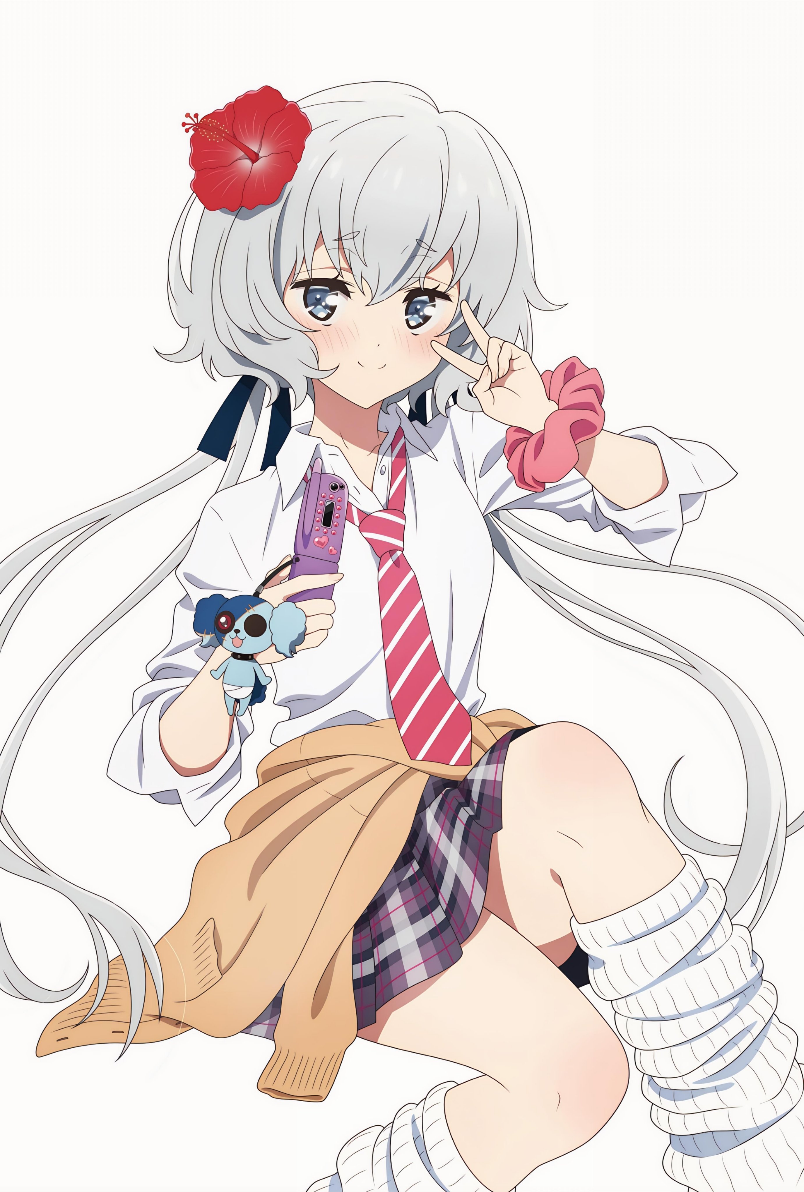 konno junko, megami magazine, zombie land saga, absurdres, bad link, highres, magazine scan, official art, scan, 1girl, blue eyes, blush, hair between eyes, hair ornament, hair ribbon, long hair, looking at viewer, ribbon, school uniform, short hair, simple background, skirt, smile, solo, twintails, white background, white hair