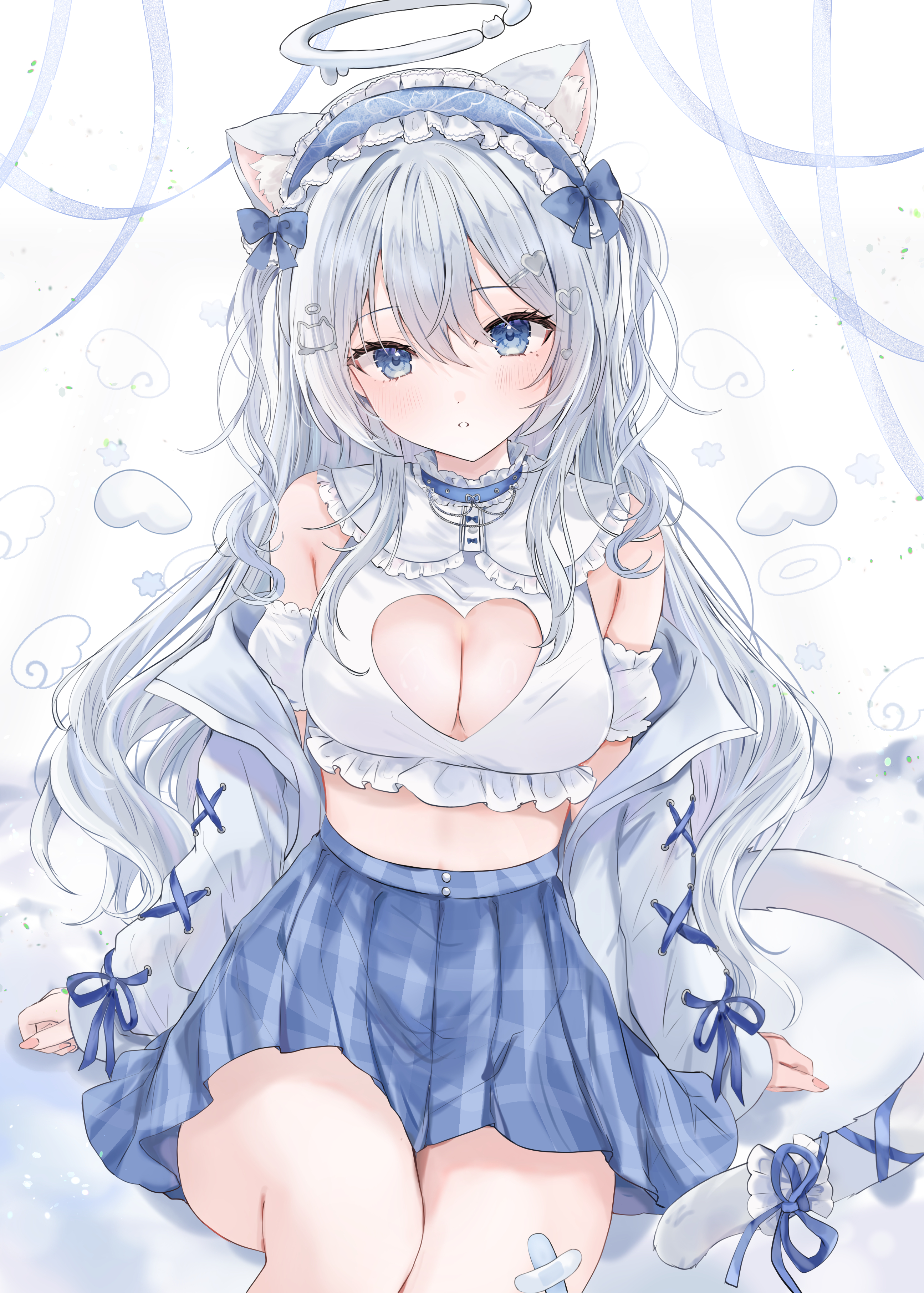 maruro, indie virtual youtuber, absurdres, highres, second-party source, 1girl, animal ears, bare shoulders, blue choker, blue eyes, blue skirt, breasts, cat ears, cat girl, cat tail, choker, cleavage, cleavage cutout, clothing cutout, crop top, detached sleeves, frilled shirt collar, frills, hair ornament, hairclip, halo, heart cutout, high-waist skirt, jacket, large breasts, long hair, long sleeves, looking at viewer, midriff, miniskirt, mole, mole under eye, nekone uyu, off shoulder, open clothes, open jacket, parted lips, plaid clothes, plaid skirt, pleated skirt, ribbon, shirt, short sleeves, sitting, skirt, sleeveless, sleeveless shirt, solo, tail, tail ornament, tail ribbon, very long hair, virtual youtuber, white hair, white jacket, white shirt