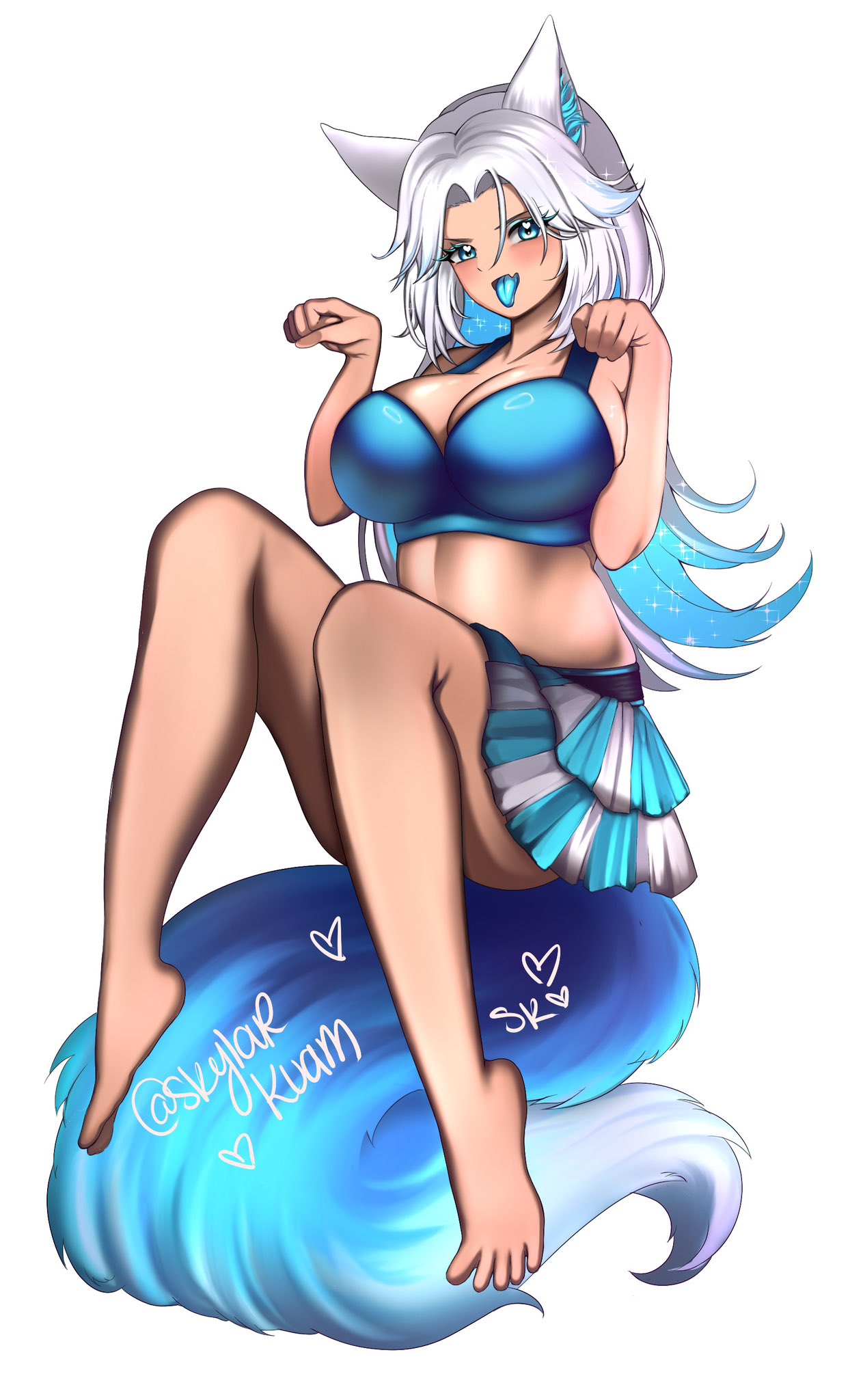 skylarkuam, skylar kuam, indie virtual youtuber, 1girl, 2025, artist name, barefoot, begging, blush, breasts, character name, fang, large breasts, sitting, tongue, tongue out, white background