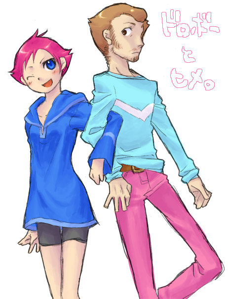 duster (mother), kumatora, mother (series), mother 3, nintendo, 1boy, 1girl, bad anatomy, blue eyes, brown eyes, brown hair, one eye closed, pink hair, poorly drawn, short hair, wink