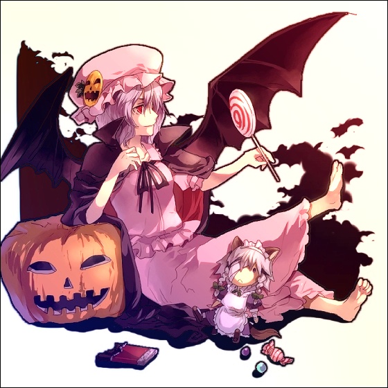 sunakumo, inu sakuya (nejikirio), izayoi sakuya, remilia scarlet, touhou, 1girl, animal ears, barefoot, candy, character doll, dog ears, doll, feet, female focus, food, hat, jack-o'-lantern, kemonomimi mode, pumpkin, ribbon, solo, wings