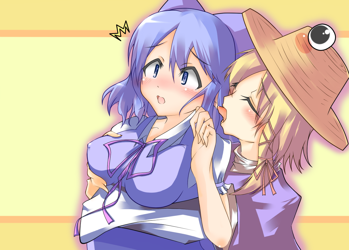atsushi (pixiv), guunome, cirno, moriya suwako, touhou, 2girls, blonde hair, blue hair, breasts, female focus, grabbing another's breast, groping, hat, large breasts, licking, multiple girls, ribbon, short hair, tongue, yuri