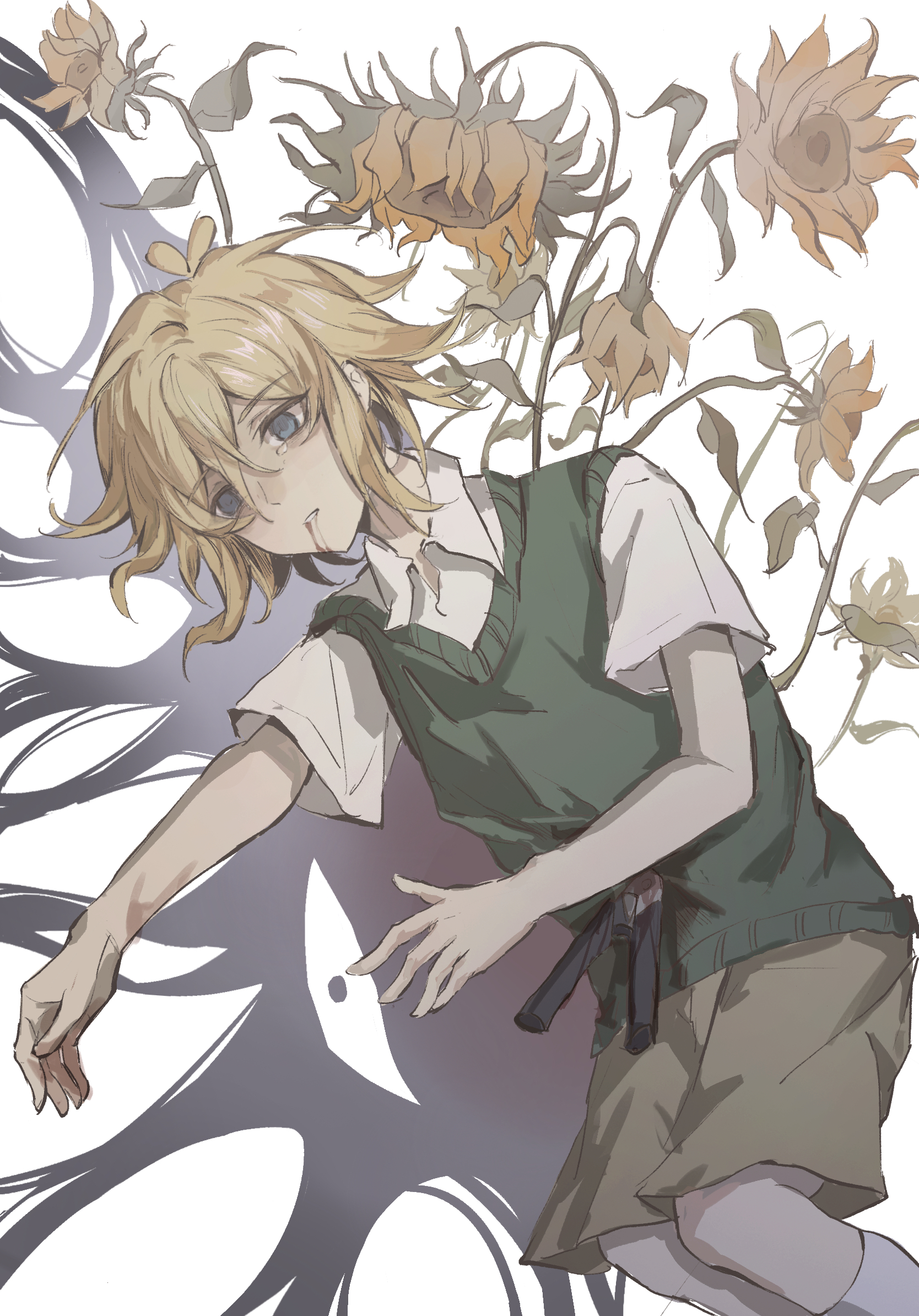 basil (faraway) (omori), basil (omori), something (omori), omori, highres, spoilers, 1boy, antenna hair, blonde hair, blood, blood on clothes, blood on face, blue eyes, brown shorts, collared shirt, death, flower, gardening shears, green sweater vest, judicious32456, lying, male focus, on side, parted lips, shirt, short hair, short sleeves, shorts, socks, solo, stab, suicide, sunflower, sweater vest, white shirt, white socks