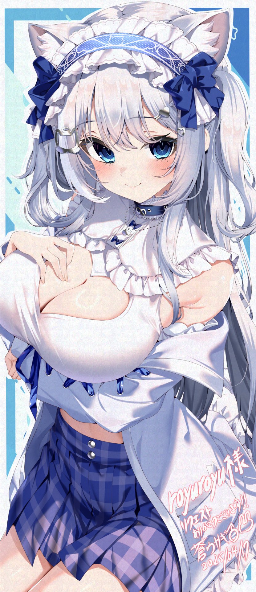 jun (aousa0328), indie virtual youtuber, highres, second-party source, 1girl, animal ears, armpit crease, bare shoulders, blue choker, blue eyes, blue skirt, breasts, cat ears, choker, cleavage, cleavage cutout, closed mouth, clothing cutout, cowboy shot, crop top, extra ears, frilled shirt, frills, hand on own chest, headdress, heart cutout, jacket, large breasts, long hair, long sleeves, looking at viewer, midriff, miniskirt, mole, mole under eye, nekone uyu, off shoulder, open clothes, open jacket, plaid clothes, plaid skirt, pleated skirt, shirt, skirt, sleeveless, sleeveless shirt, smile, solo, two side up, virtual youtuber, white hair, white jacket, white shirt