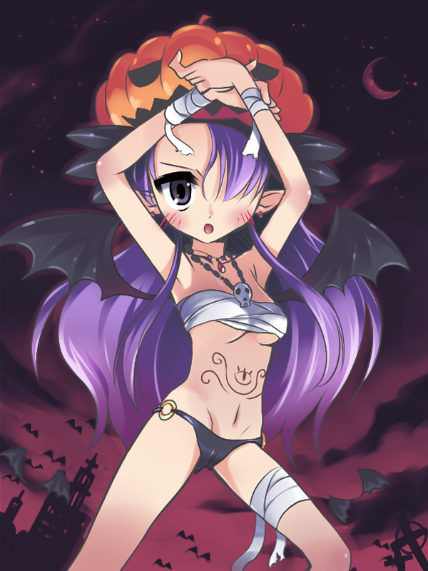 morujii, original, 1girl, bandeau bikini, bat wings, blush, female focus, hair over one eye, halloween, jack-o'-lantern, long hair, panties, pointy ears, pumpkin, pumpkin hat, purple hair, sarashi, solo, underwear, wings
