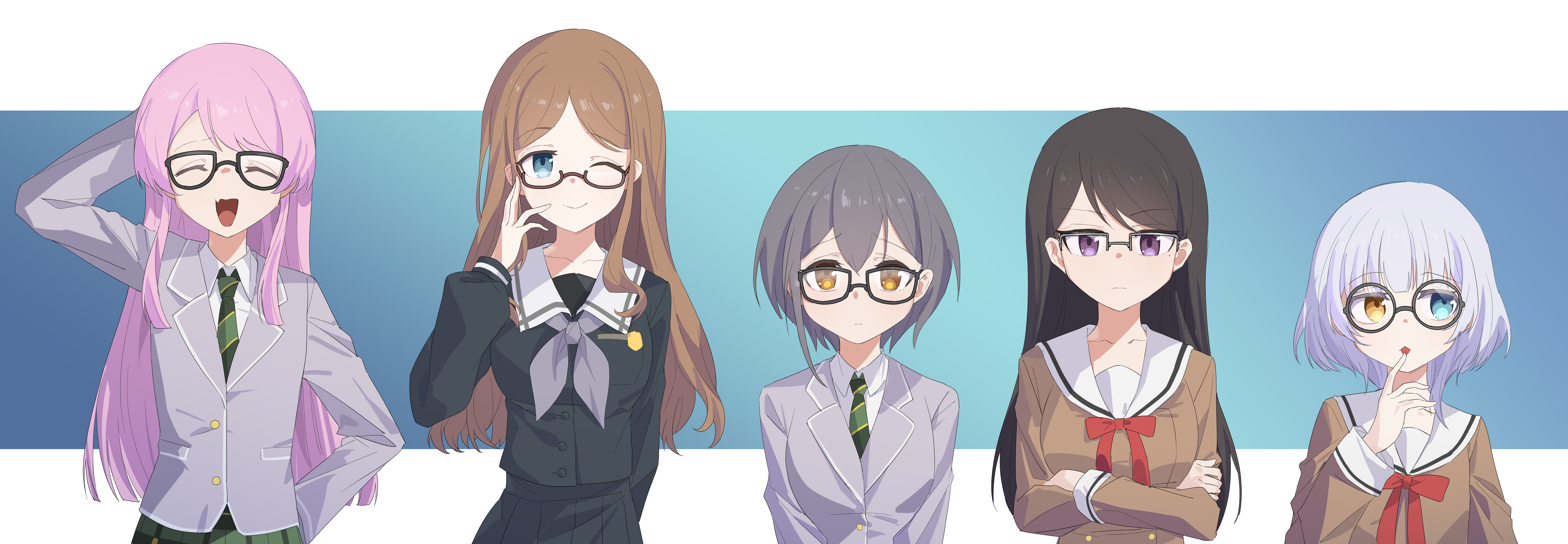 yzj21333, chihaya anon, kaname raana, nagasaki soyo, shiina taki, takamatsu tomori, bang dream!, bang dream! it's mygo!!!!!, absurdres, commentary, highres, 5girls, arm behind head, bespectacled, black-framed eyewear, black hair, black shirt, black skirt, blue eyes, breasts, brown eyes, brown hair, closed eyes, closed mouth, dated commentary, diagonal-striped clothes, diagonal-striped necktie, fang, glasses, green necktie, green skirt, grey-framed eyewear, grey hair, grey jacket, grey neckerchief, hanasakigawa school uniform, haneoka school uniform, heterochromia, jacket, long hair, medium breasts, mole, mole under eye, multiple girls, mygo!!!!! (bang dream!), neckerchief, necktie, one eye closed, open mouth, over-rim eyewear, pink hair, purple eyes, red ribbon, ribbon, round eyewear, sailor collar, school uniform, semi-rimless eyewear, shirt, short hair, sidelocks, skin fang, skirt, striped clothes, tongue, tongue out, tsukinomori school uniform, under-rim eyewear, upper body, white hair, white sailor collar, yellow eyes