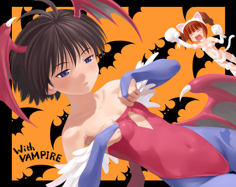 nekopuchi, felicia (darkstalkers), kikuchi makoto, lilith (darkstalkers), takatsuki yayoi, capcom, darkstalkers, idolmaster, idolmaster (classic), idolmaster 1, print legwear, 2girls, animal ears, animal hands, animal print, antenna hair, bat print, cat ears, cosplay, felicia (darkstalkers) (cosplay), female focus, head wings, leotard, lilith (darkstalkers) (cosplay), multiple girls, pantyhose, red leotard, twintails, wings