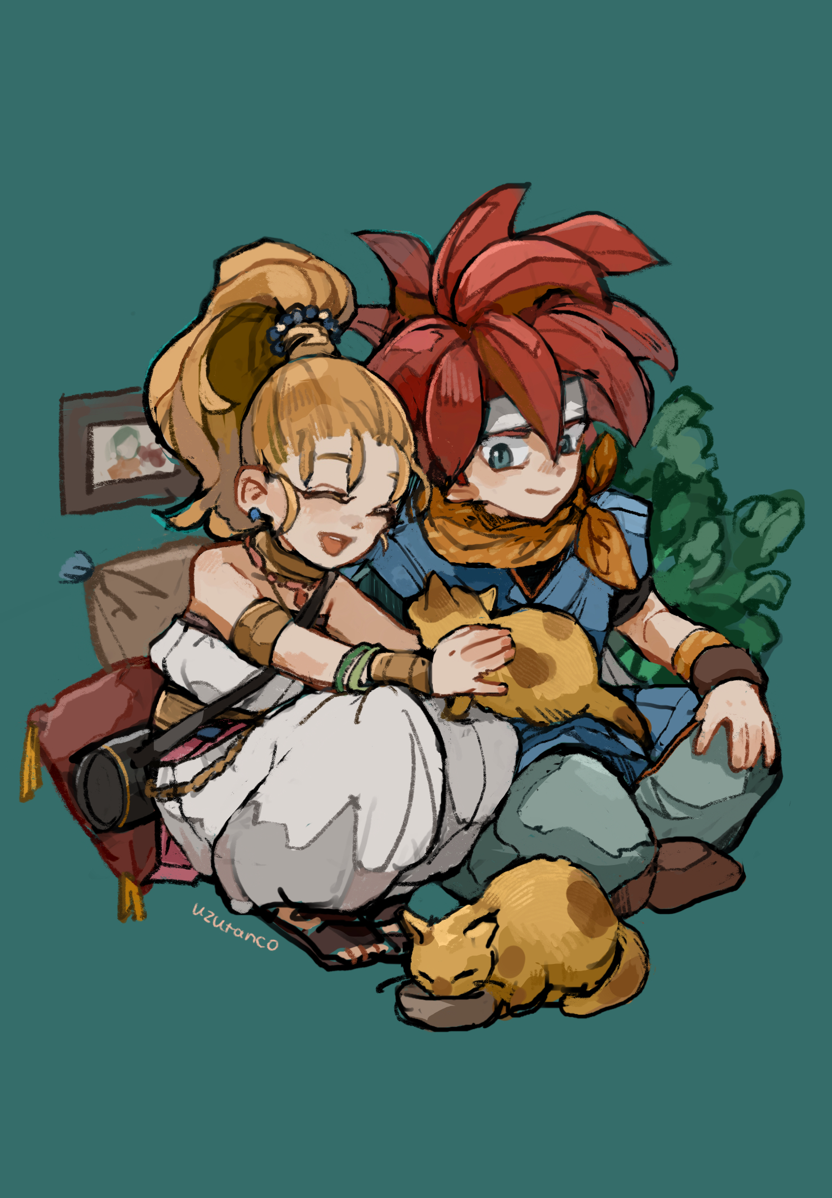 uzutanco, crono (chrono trigger), marle (chrono trigger), chrono trigger, clothing request, highres, 1boy, 1girl, :d, artist name, bare shoulders, beads, black shirt, blonde hair, blue eyes, blue pants, blue tunic, bowl, bracer, brown shoes, cat, closed eyes, closed mouth, earrings, eating, forehead, full body, green background, green hair, hand on own knee, high ponytail, holding, jewelry, jumpsuit, legs together, neckerchief, open mouth, pants, pet bowl, picture frame, pillow, plant, ponytail, red hair, sandals, scarf, shirt, shoes, short sleeves, simple background, sitting, smile, spiked hair, squatting, teeth, toes, tunic, upper teeth only, white jumpsuit, yellow neckerchief