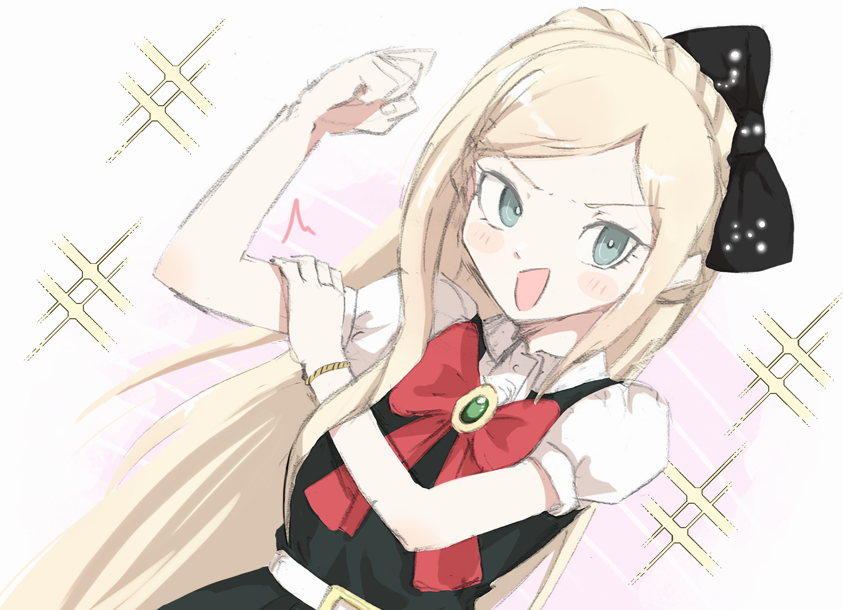 bababaeki00, sonia nevermind, danganronpa (series), danganronpa 2: goodbye despair, commentary request, highres, 1girl, black bow, blonde hair, blue eyes, blush, blush stickers, bow, bracelet, clenched hand, dress, dutch angle, eyelashes, hair bow, hand on own arm, jewelry, long hair, open mouth, red bow, short sleeves, simple background, smile, solo, v-shaped eyebrows, white background