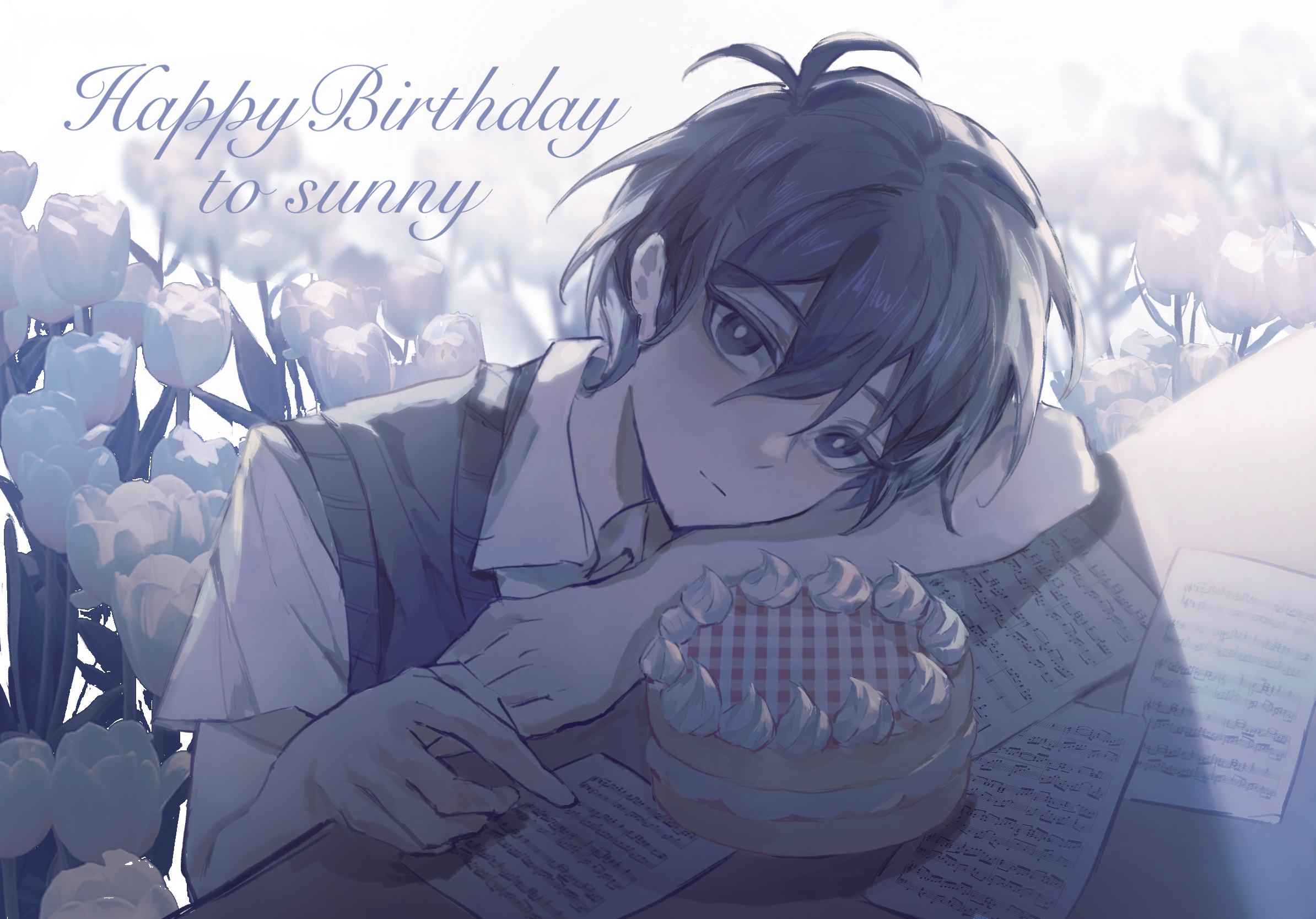 sunny (omori), omori, highres, 1boy, antenna hair, black eyes, black hair, black sweater vest, bright pupils, cake, character name, closed mouth, collared shirt, double-parted bangs, flower, food, happy birthday, head on arm, judicious32456, looking at viewer, male focus, paper, sheet music, shirt, short hair, short sleeves, solo, sweater vest, tulip, unmoving pattern, white flower, white pupils, white tulip