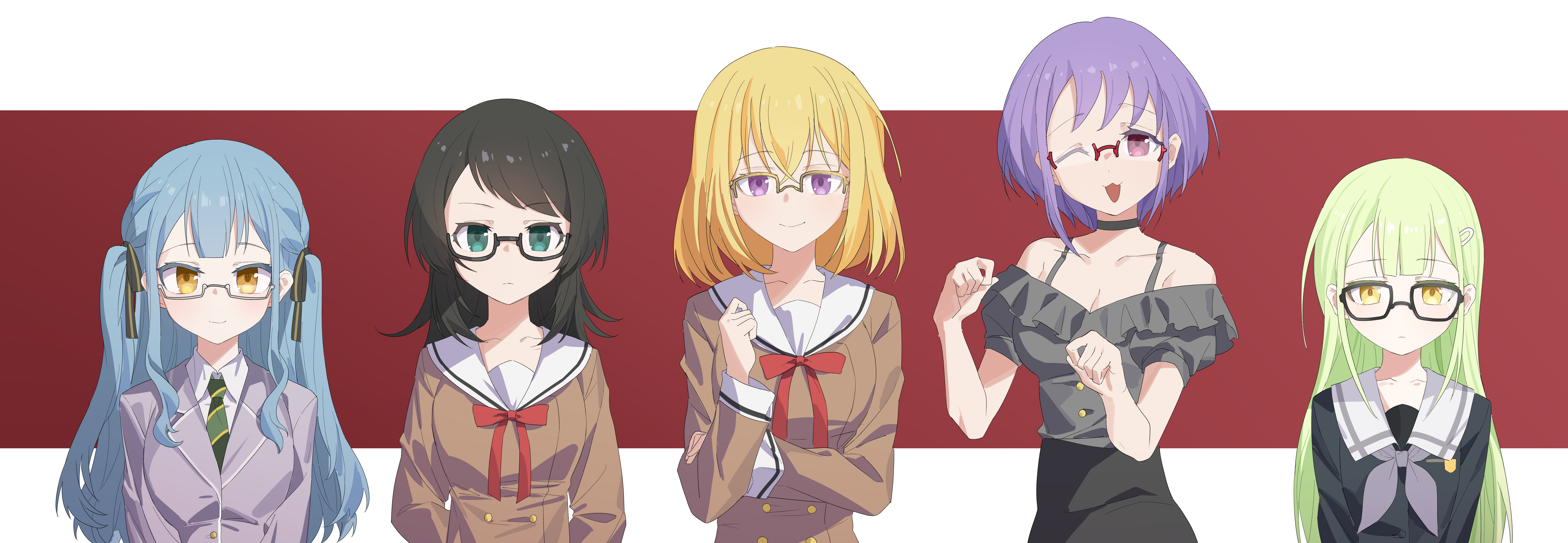 yzj21333, misumi uika, togawa sakiko, wakaba mutsumi, yahata umiri, yuutenji nyamu, ave mujica (bang dream!), bang dream!, bang dream! it's mygo!!!!!, absurdres, commentary, highres, 5girls, :3, bespectacled, black-framed eyewear, black hair, black ribbon, black shirt, blonde hair, blue eyes, blue hair, breasts, cleavage, dated commentary, diagonal-striped clothes, diagonal-striped necktie, frilled shirt, frills, glasses, green hair, green necktie, grey jacket, grey neckerchief, hair ornament, hair ribbon, hairclip, hanasakigawa school uniform, hand up, hands up, haneoka school uniform, jacket, long hair, long sleeves, medium hair, multiple girls, neckerchief, necktie, off-shoulder shirt, off shoulder, one eye closed, over-rim eyewear, pink eyes, purple eyes, purple hair, red-framed eyewear, red ribbon, ribbon, sailor collar, school uniform, semi-rimless eyewear, shirt, sidelocks, striped clothes, tsukinomori school uniform, under-rim eyewear, upper body, white-framed eyewear, white sailor collar, yellow-framed eyewear, yellow eyes