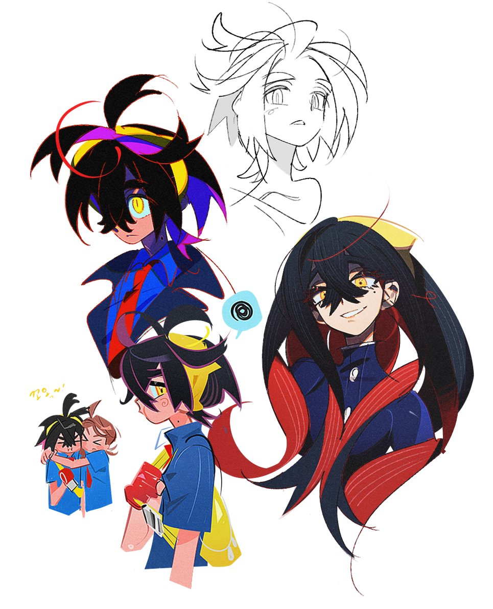 ows28888888, carmine (pokemon), juliana (pokemon), kieran (pokemon), nintendo, pokemon, pokemon sv, > <, 1boy, 2girls, bag, black hair, blue jacket, blue shirt, brown hair, collared shirt, crossed bangs, gloves, grin, hair between eyes, hairband, hug, jacket, long hair, mole, mole on neck, mole under eye, multicolored hair, multiple girls, multiple views, partially fingerless gloves, puffy cheeks, purple hair, red gloves, red hair, shirt, short sleeves, simple background, smile, spoken squiggle, squiggle, white background, yellow bag, yellow eyes, yellow hairband