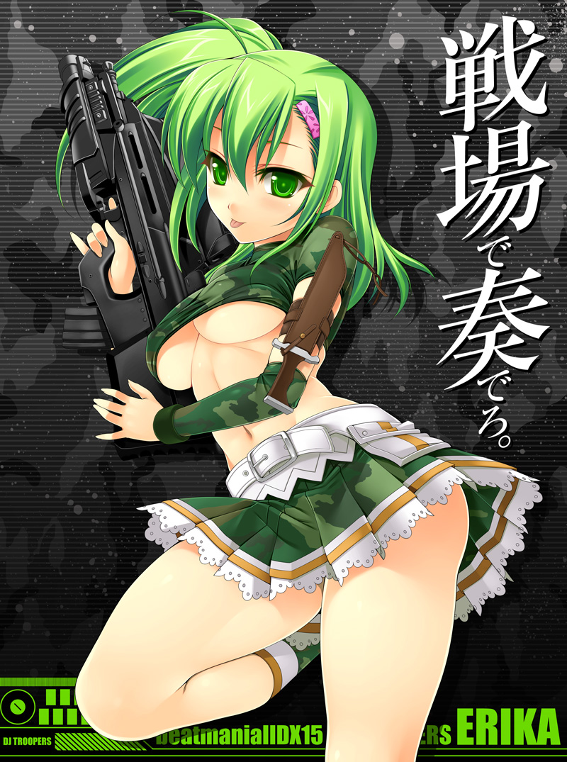 kinoshita ichi, kitami erika, beatmania iidx, beatmania iidx 15 dj troopers, bemani, fn herstal, 1girl, :p, assault rifle, belt, breasts, bullpup, character name, clothes lift, detached sleeves, female focus, fingernails, fn eglm, fn f2000, fn gl1, green eyes, green hair, grenade launcher, gun, hair ornament, hairclip, large breasts, leg lift, long hair, looking at viewer, matching hair/eyes, midriff, military, military uniform, modular weapon system, navel, pleated skirt, rifle, shirt lift, skirt, solo, standing, standing on one leg, thighs, tongue, tongue out, underbarrel grenade launcher, underboob, weapon