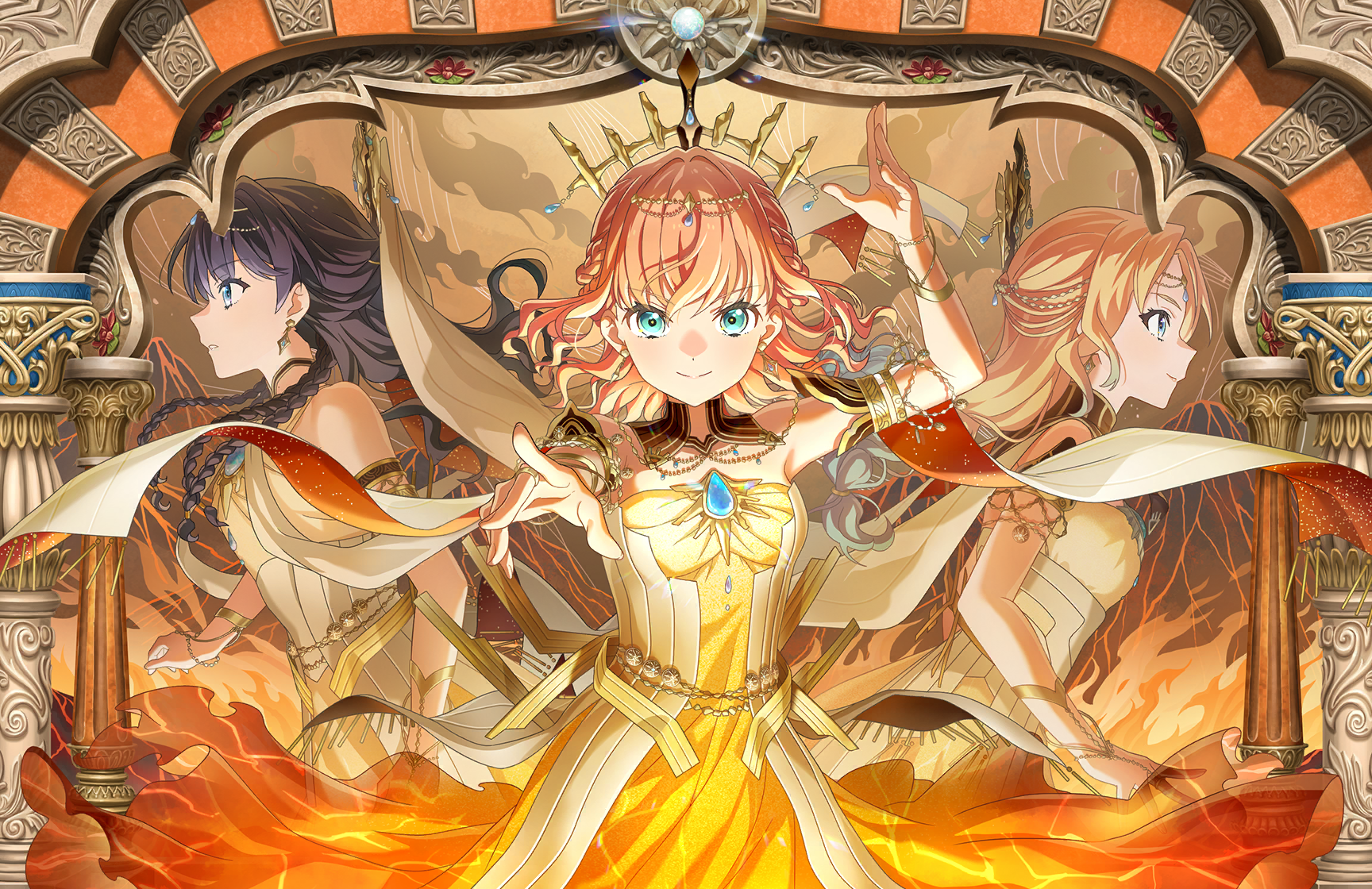 hinoshita kaho, murano sayaka, osawa rurino, link! like! love live!, love live!, game cg, highres, non-web source, official art, 3girls, aqua eyes, arms up, bare shoulders, blonde hair, blue eyes, blue hair, braid, breasts, closed mouth, dress, gradient hair, half up braid, half updo, hasu no sanrenka, hinoshita kaho (souzou no chihei kara), long hair, looking at viewer, low twin braids, medium hair, multicolored hair, multiple braids, multiple girls, murano sayaka (seigo no chihei kara), official alternate costume, orange dress, orange hair, osawa rurino (choubou no chihei kara), outstretched arm, parted bangs, parted lips, profile, small breasts, smile, strapless, strapless dress, twin braids, virtual youtuber
