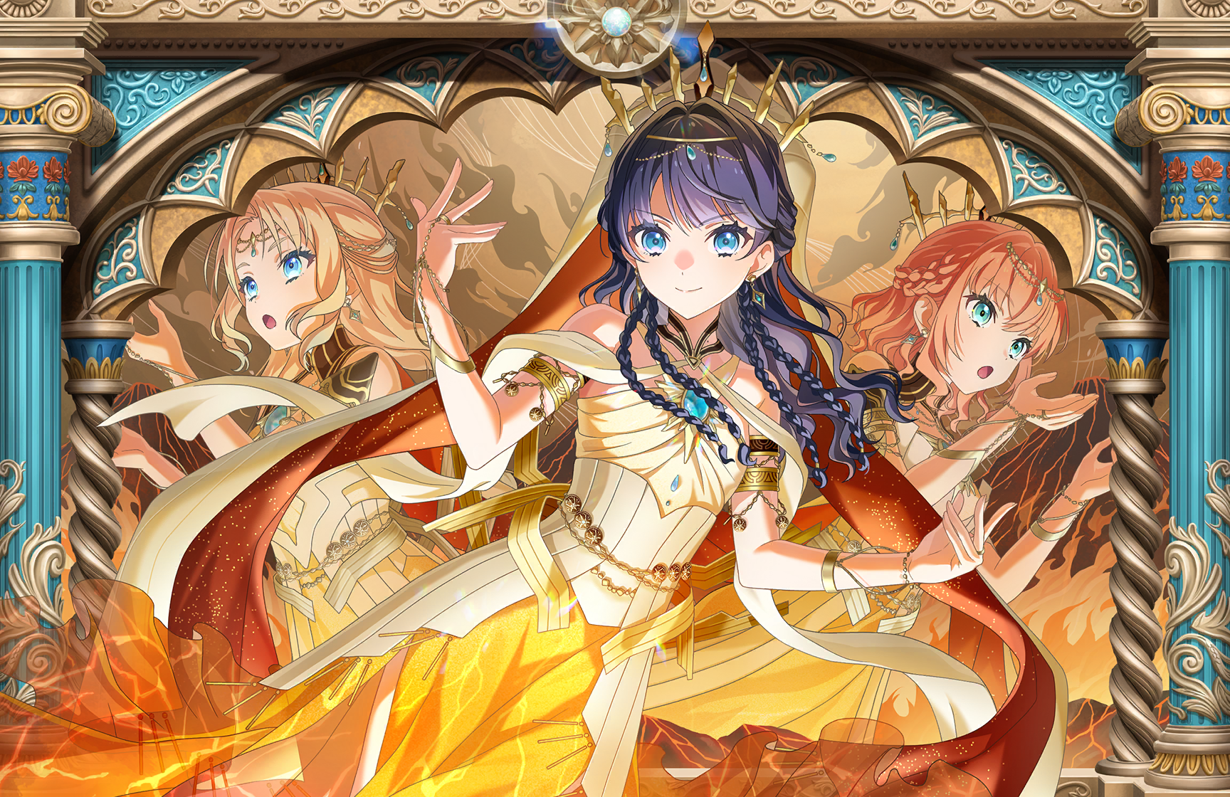 hinoshita kaho, murano sayaka, osawa rurino, link! like! love live!, love live!, game cg, highres, non-web source, official art, >:), 3girls, :o, animal ears, aqua eyes, bare shoulders, blonde hair, blue eyes, blue hair, braid, breasts, closed mouth, dress, gradient hair, half up braid, half updo, hands up, hasu no sanrenka, hinoshita kaho (souzou no chihei kara), long hair, looking at viewer, medium hair, multicolored hair, multiple braids, multiple girls, murano sayaka (seigo no chihei kara), official alternate costume, open mouth, orange dress, orange hair, osawa rurino (choubou no chihei kara), parted bangs, sleeveless, sleeveless dress, small breasts, smile, split mouth, strapless, strapless dress, v-shaped eyebrows, virtual youtuber