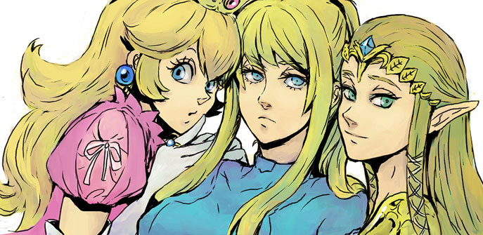 princess peach, princess zelda, samus aran, mario (series), metroid, nintendo, super smash bros., the legend of zelda, the legend of zelda: twilight princess, light brown hair, 3girls, blonde hair, blue bodysuit, blue eyes, bodysuit, breasts, closed mouth, crown, dress, earrings, elbow gloves, elf, gloves, green eyes, hair between eyes, hair flaps, jewelry, large breasts, long hair, looking at viewer, looking back, multiple girls, neck, pink dress, pointy ears, ponytail, puffy short sleeves, puffy sleeves, ring, serious, short sleeves, sidelocks, simple background, skin tight, smile, straight hair, tiara, upper body, white background, white gloves, zero suit