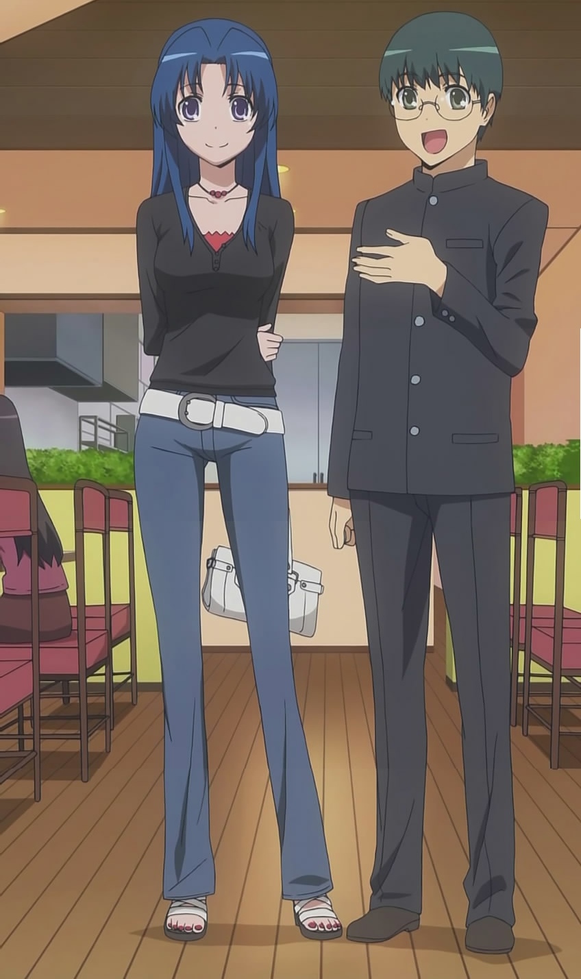 kawashima ami, kitamura yuusaku, toradora!, anime screenshot, highres, stitched, third-party edit, 00s, 1boy, 1girl, blue hair, casual, feet, gakuran, nail polish, purple eyes, sandals, school uniform, serafuku, toenail polish, toenails