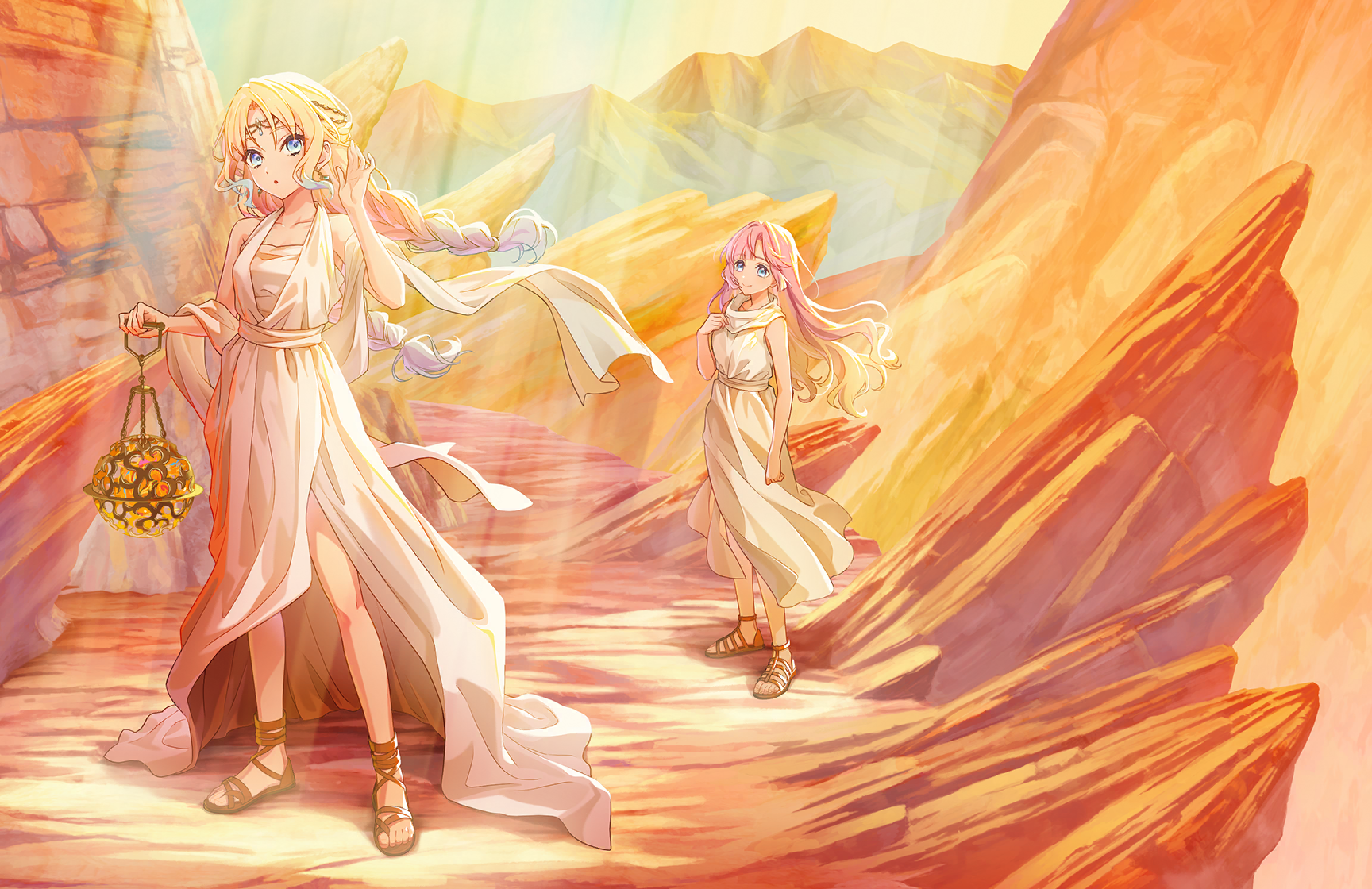 anyoji hime, osawa rurino, link! like! love live!, love live!, game cg, highres, non-web source, object request, official art, 2girls, bare shoulders, blonde hair, blue hair, braid, brown sandals, closed mouth, collarbone, dress, floating hair, full body, gradient hair, half updo, holding, long dress, long hair, looking at another, low twin braids, mira-cra park!, multicolored hair, multiple girls, osawa rurino (choubou no chihei kara), outdoors, parted bangs, pink hair, sandals, sleeveless, sleeveless dress, smile, standing, toes, twin braids, very long hair, virtual youtuber, wavy hair, white dress