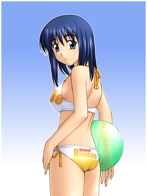 suou mikoto (school rumble), school rumble, non-web source, 00s, 1girl, ass, ball, beachball, bikini, blue eyes, blue hair, copyright name, female focus, gradient background, looking at viewer, looking back, matching hair/eyes, short hair, side-tie bikini bottom, simple background, solo, swimsuit