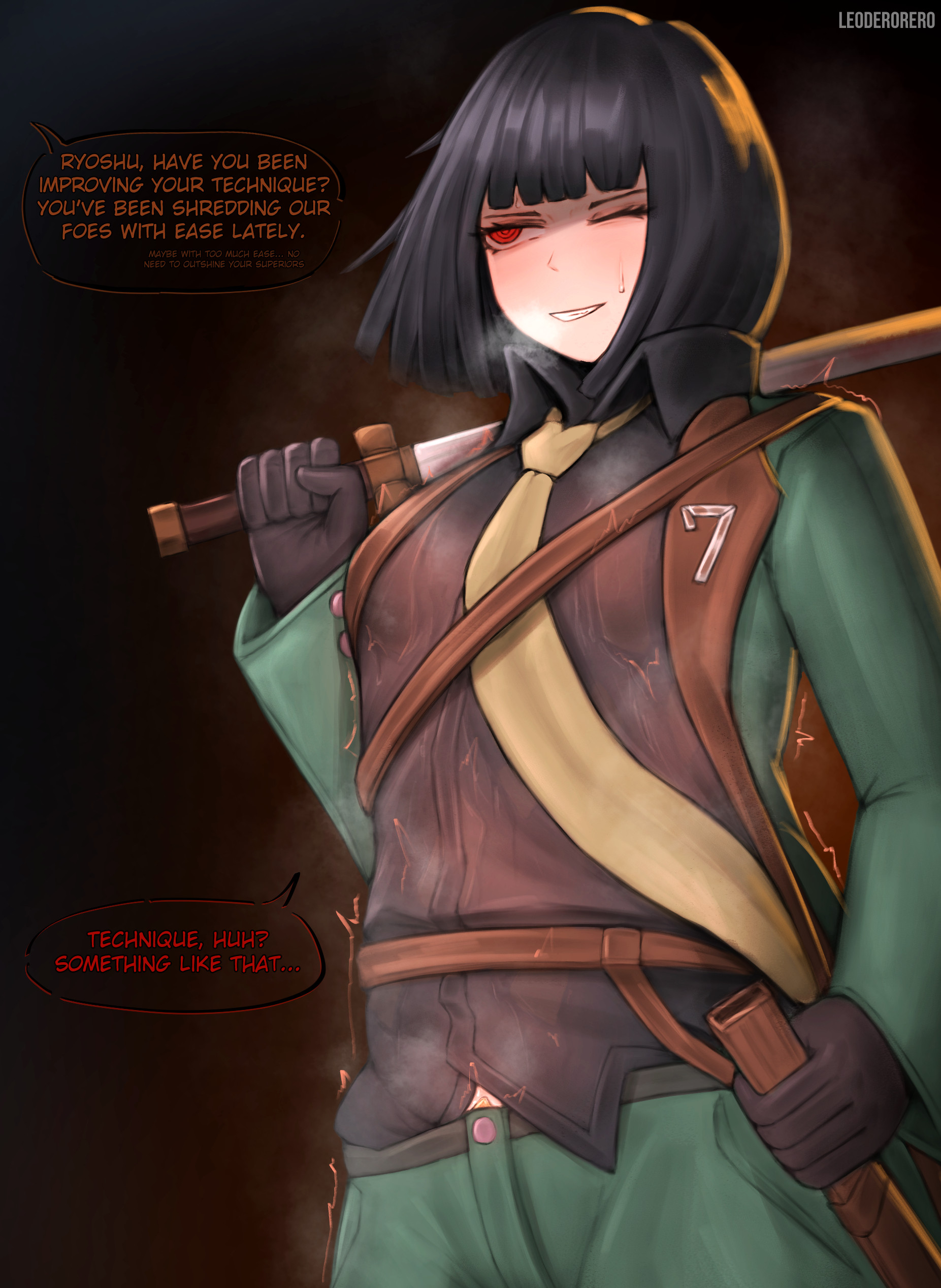 leoderorero, ryoshu (project moon), limbus company, project moon, absurdres, highres, 1girl, artist name, black background, black gloves, black hair, bob cut, breasts, brown background, collared shirt, english text, gloves, green jacket, grin, holding, holding sheath, holding sword, holding weapon, jacket, long sleeves, necktie, one eye closed, pants, red eyes, ringed eyes, seven association south uniform, sheath, shirt, short hair, simple background, small breasts, smile, solo, speech bubble, steaming body, sweat, sword, teeth, very sweaty, weapon, yellow necktie