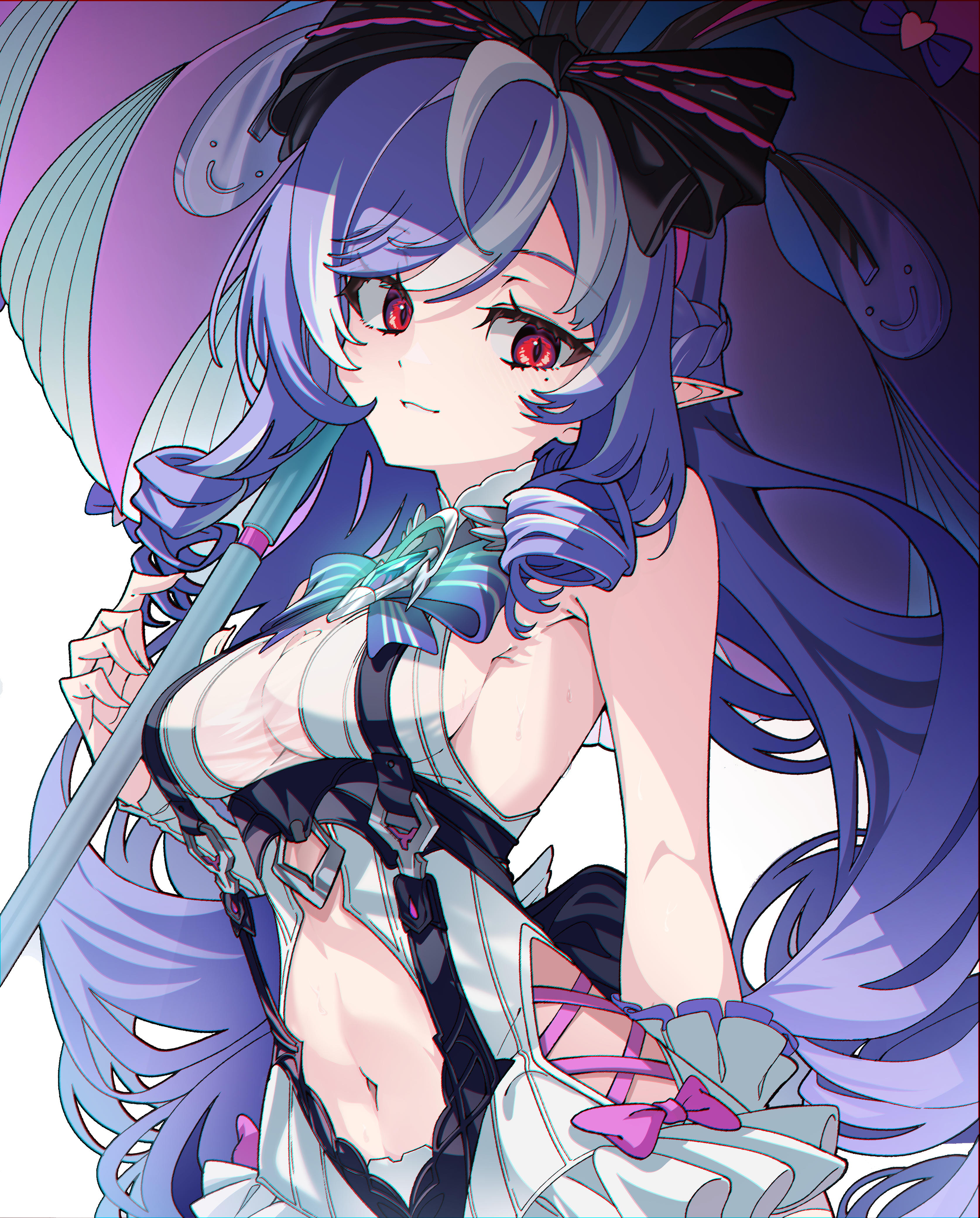 breakdiamond, vivian banshee, zenless zone zero, absurdres, highres, 1girl, bare shoulders, black bow, bow, bowtie, breasts, drill hair, frilled wrist cuffs, frills, gem, hair ribbon, holding, holding umbrella, long hair, mole, mole under eye, navel, pink bow, pointy ears, purple bow, purple bowtie, purple gemstone, purple hair, purple umbrella, red eyes, ribbon, sideboob, smile, solo, swimsuit, teeth, umbrella, vivian banshee (iris of the shore), white background, wrist cuffs