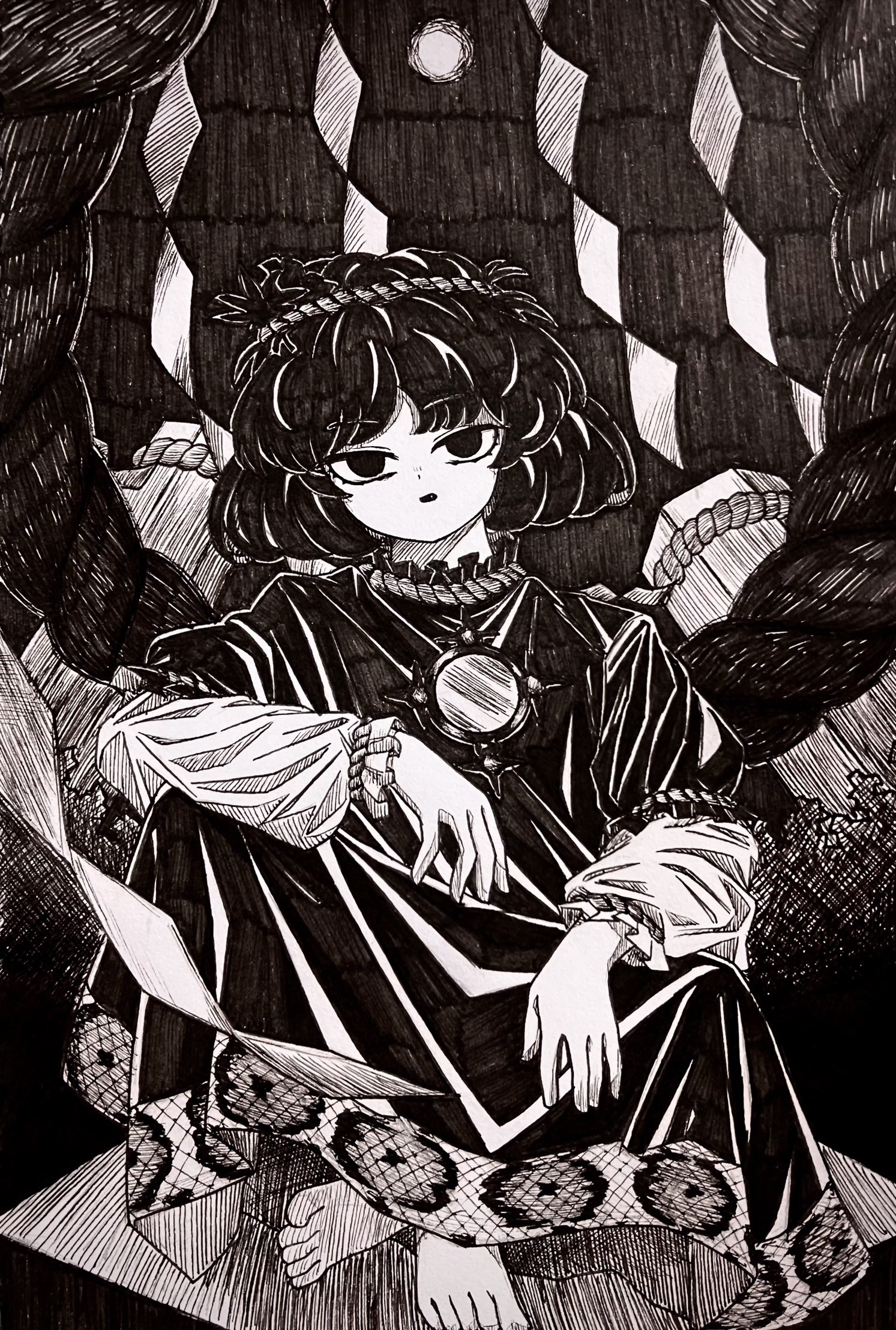 tanishi (agaribito snail), yasaka kanako, touhou, highres, 1girl, black background, crossed legs, dress, greyscale, half-closed eyes, looking at viewer, monochrome, onbashira, rope, shimenawa, sitting, snake print, solo