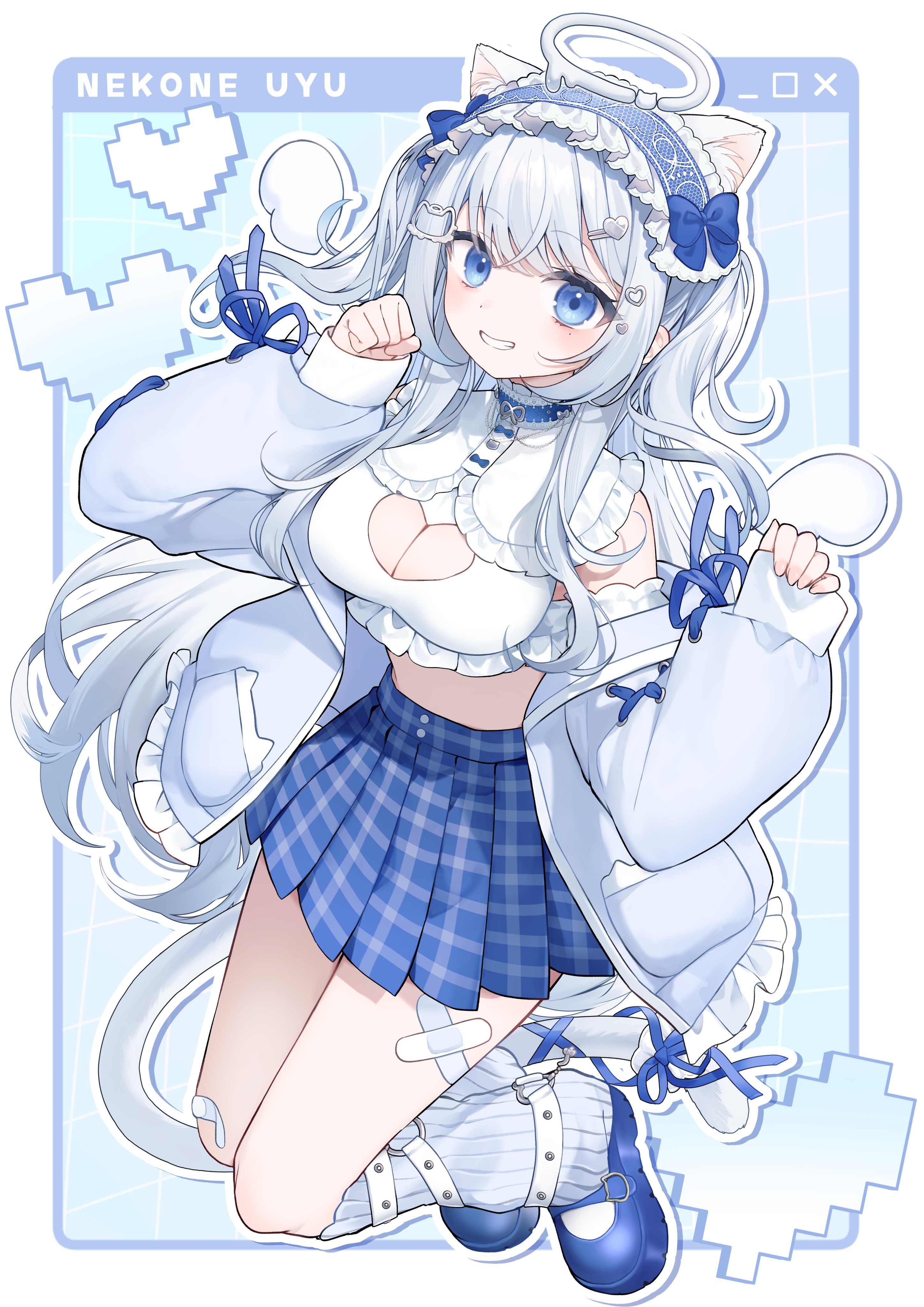 indie virtual youtuber, absurdres, artist request, highres, second-party source, 1girl, animal ears, bare shoulders, blue choker, blue eyes, blue shoes, blue skirt, breasts, cat ears, cat girl, cat tail, choker, cleavage, cleavage cutout, clothing cutout, crop top, frilled shirt collar, frills, full body, grey jacket, grin, halo, hands up, headdress, heart cutout, high-waist skirt, jacket, kneehighs, large breasts, long hair, looking at viewer, mary janes, midriff, nekone uyu, off shoulder, open clothes, open jacket, plaid clothes, plaid skirt, pleated skirt, ribbed socks, shirt, shoes, skirt, sleeveless, sleeveless shirt, smile, socks, solo, tail, thighs, two side up, very long hair, virtual youtuber, white hair, white shirt