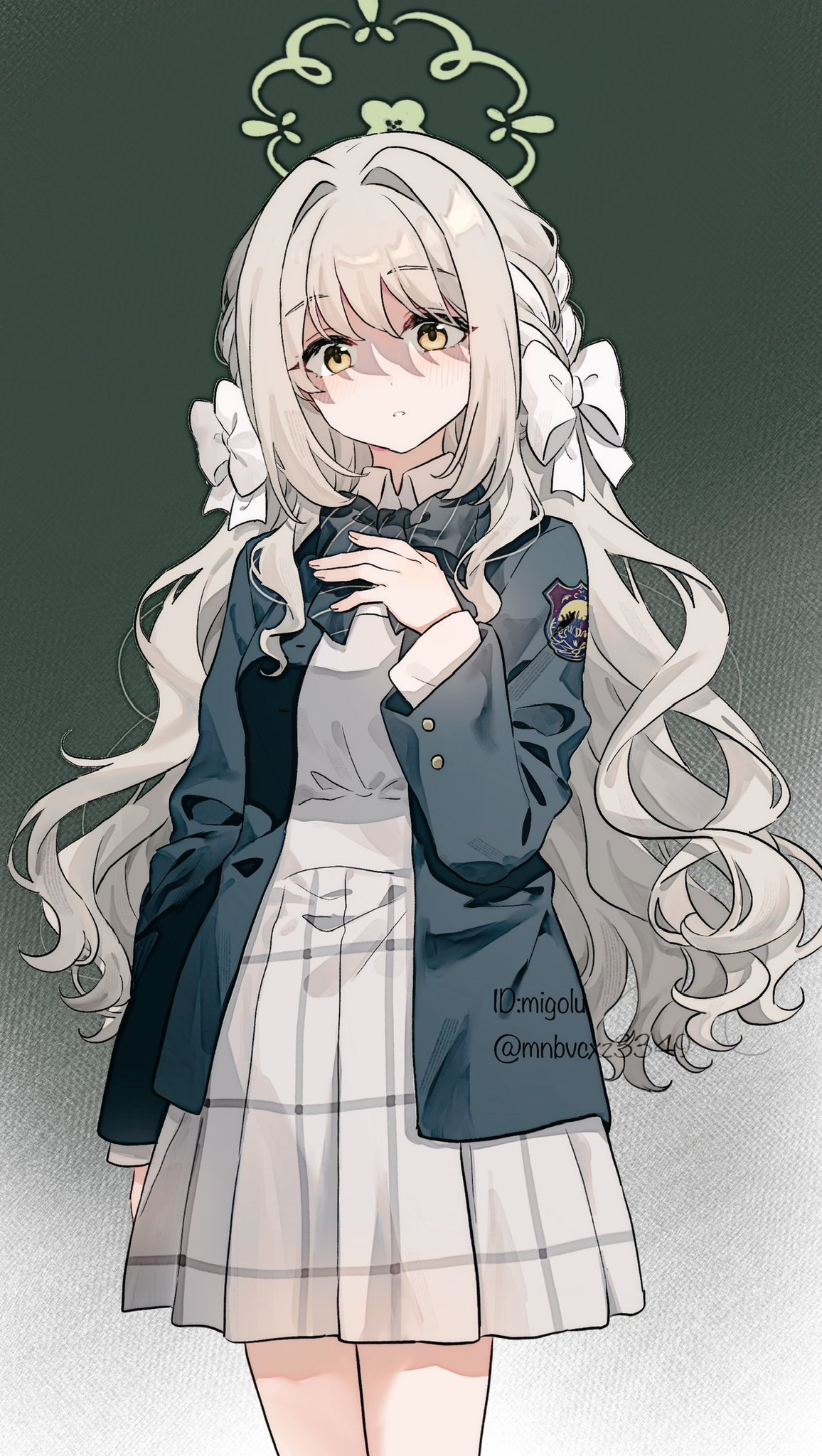 migolu, miyo (blue archive), blue archive, highres, 1girl, bow, bowtie, collared shirt, cowboy shot, gradient background, grey hair, grey skirt, hair between eyes, hair bow, halo, hand on own chest, jacket, long hair, long sleeves, looking at viewer, multicolored hair, open clothes, open jacket, parted lips, shirt, simple background, skirt, solo, twitter username, very long hair, white bow, white hair, yellow eyes