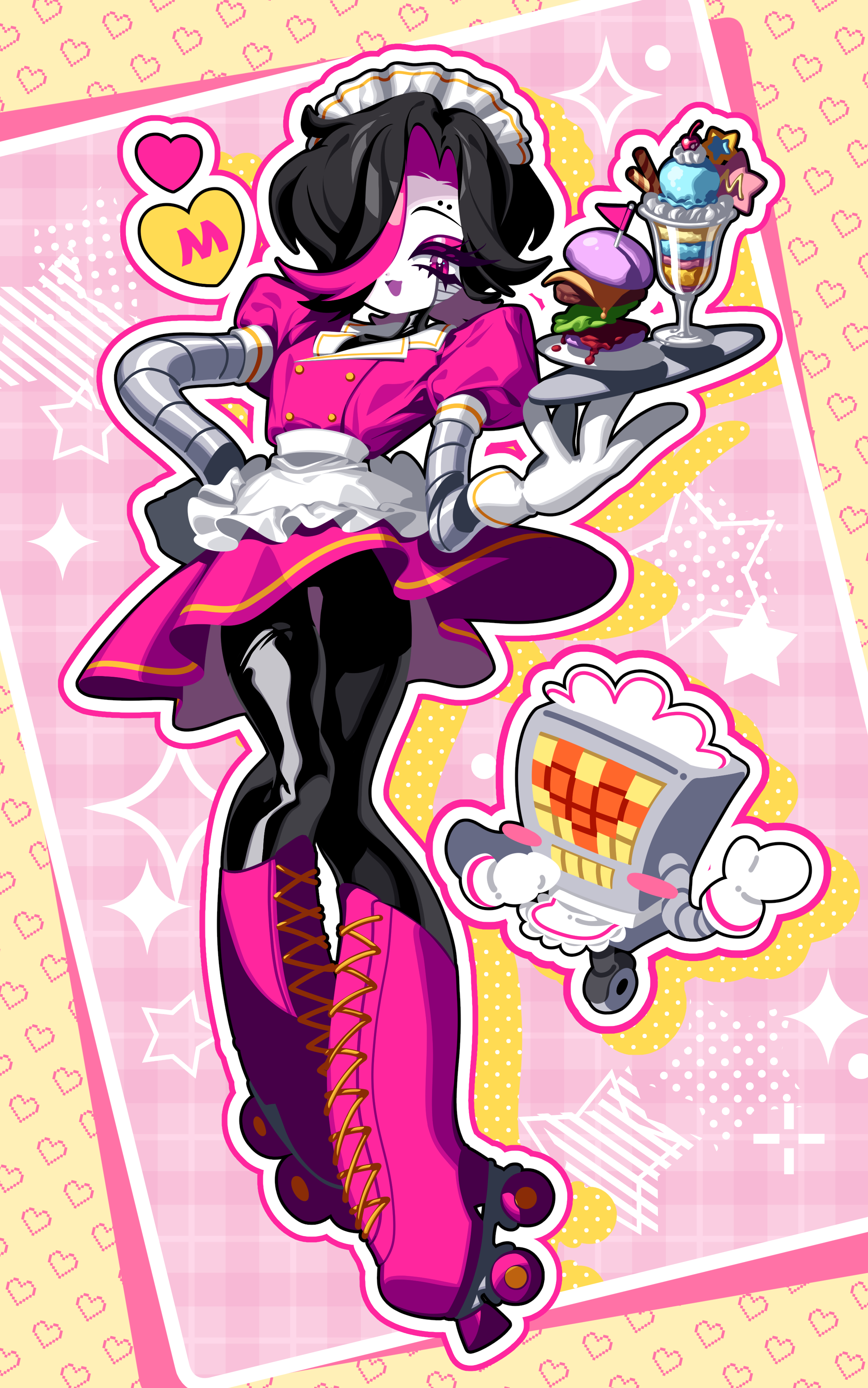 super luvbeam, mettaton, mettaton (box), mettaton ex, undertale, utdr (toby fox), absurdres, highres, 1boy, android, apron, black hair, boots, crossdressing, crossdressing (mtf), dress, frills, glamburger, gloves, hair over one eye, heart, male focus, open mouth, robot, robot boy, roller skates, skates, starfait (undertale), trap