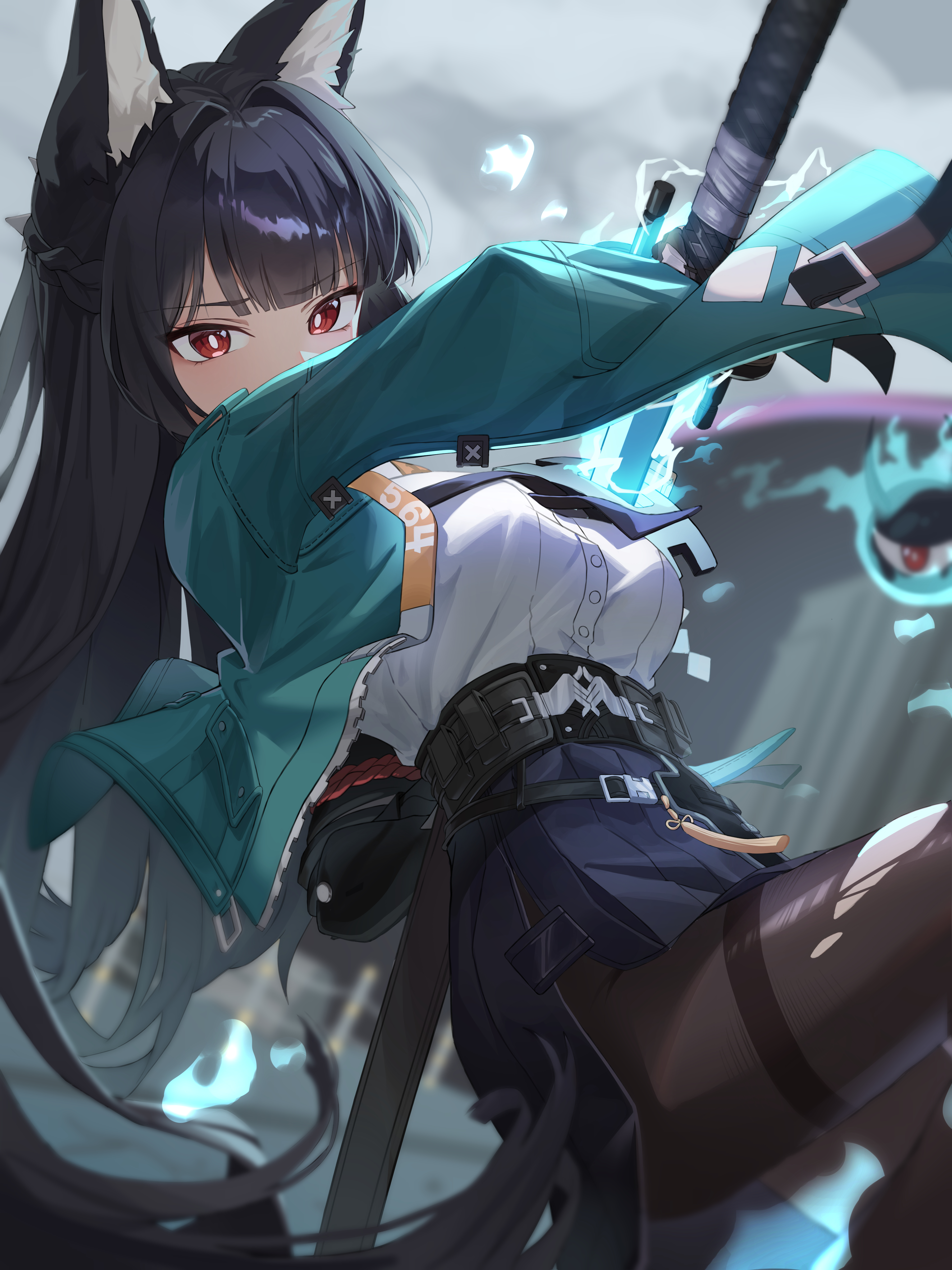 hoshimi miyabi, tailless (zenless zone zero), zenless zone zero, absurdres, highres, 1girl, 1other, aett (hayp5725), animal ear fluff, animal ears, aqua jacket, arm out of sleeve, belt, black hair, black necktie, black pantyhose, black skirt, breasts, fox ears, fox girl, green jacket, grey sky, high-waist skirt, holding, holding sword, holding weapon, hollow (zenless zone zero), jacket, katana, long hair, looking at viewer, necktie, pantyhose, shirt, skirt, sky, sword, torn clothes, torn pantyhose, weapon, white shirt