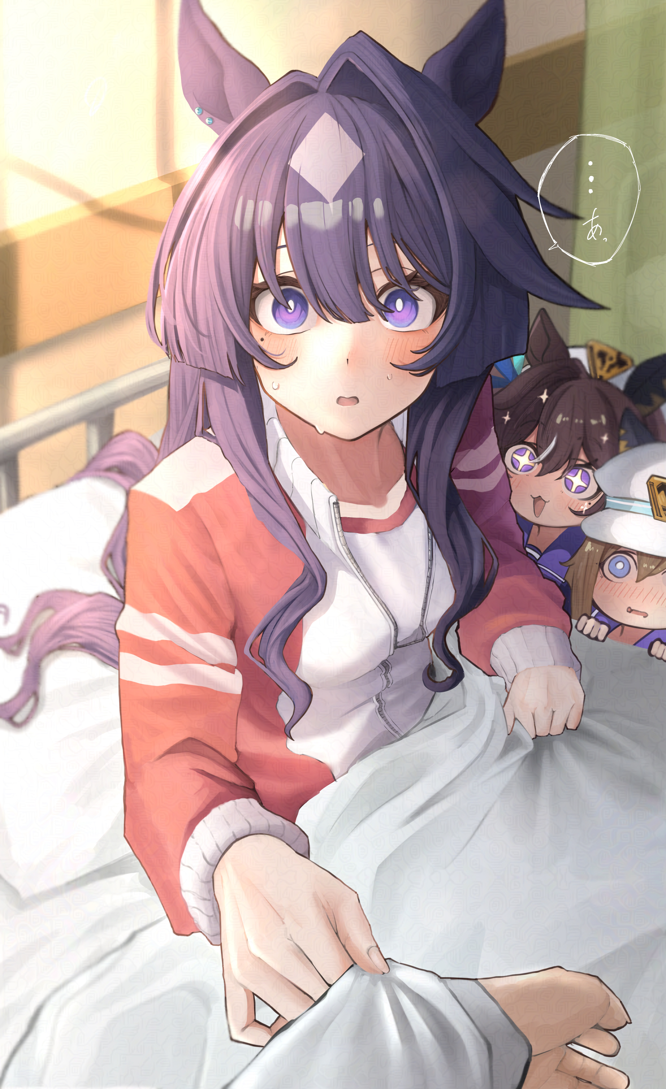 cheval grand (umamusume), verxina (umamusume), vivlos (umamusume), umamusume, absurdres, commentary request, highres, 1other, 3girls, animal ears, bed sheet, blanket, blue eyes, blue hair, blush, bright pupils, brown hair, clothes grab, hair intakes, horse ears, horse girl, horse tail, indoors, jacket, long hair, looking at viewer, multicolored hair, multicolored jacket, multiple girls, nose blush, on bed, open mouth, purple eyes, red jacket, shirt, shirt grab, smile, solo focus, streaked hair, tail, tracen training uniform, track jacket, v sisters, white pupils, white shirt, yokoyu